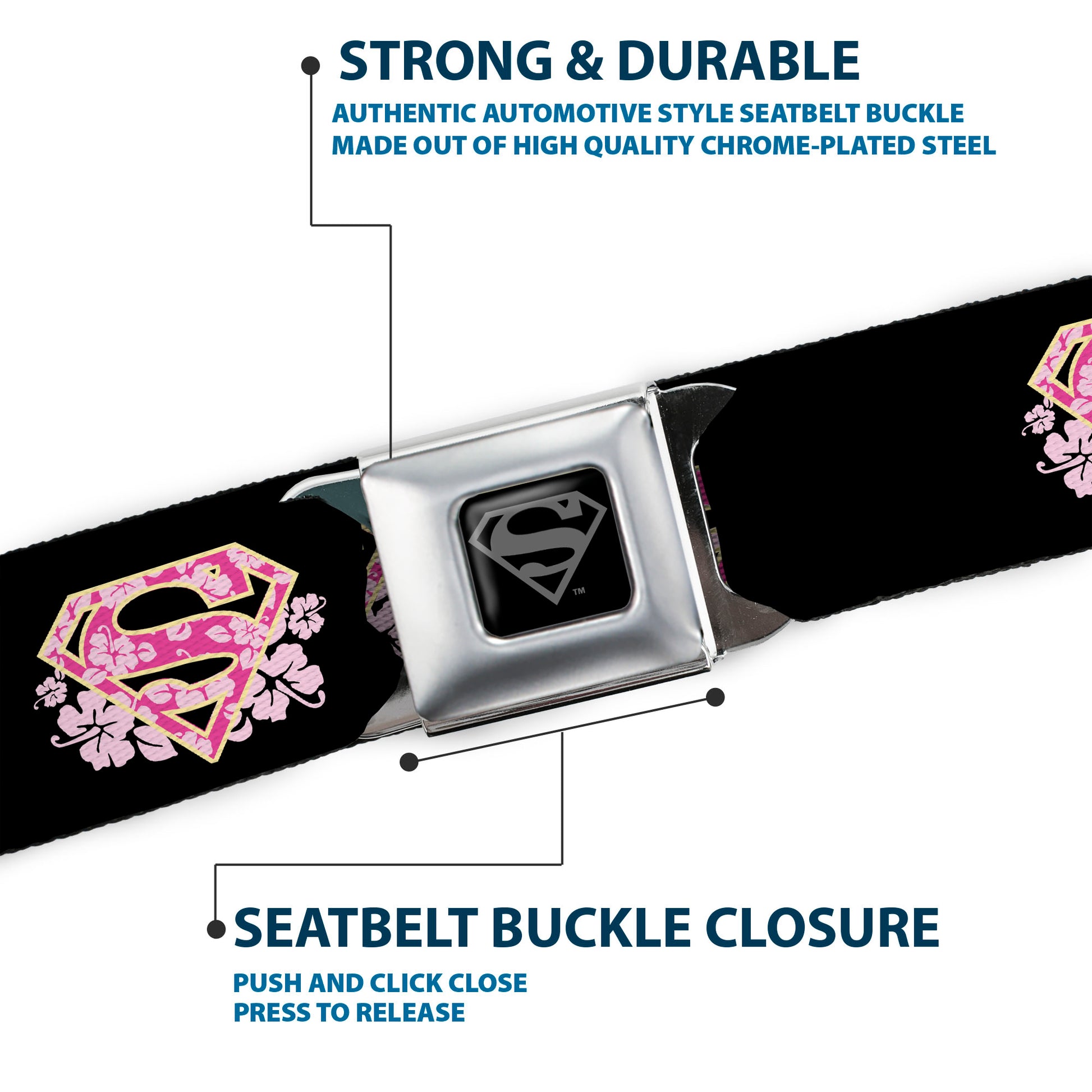 Superman Black Silver Seatbelt Belt - Super Shield Hibiscus Design Black/Pink Webbing Seatbelt Belts DC Comics