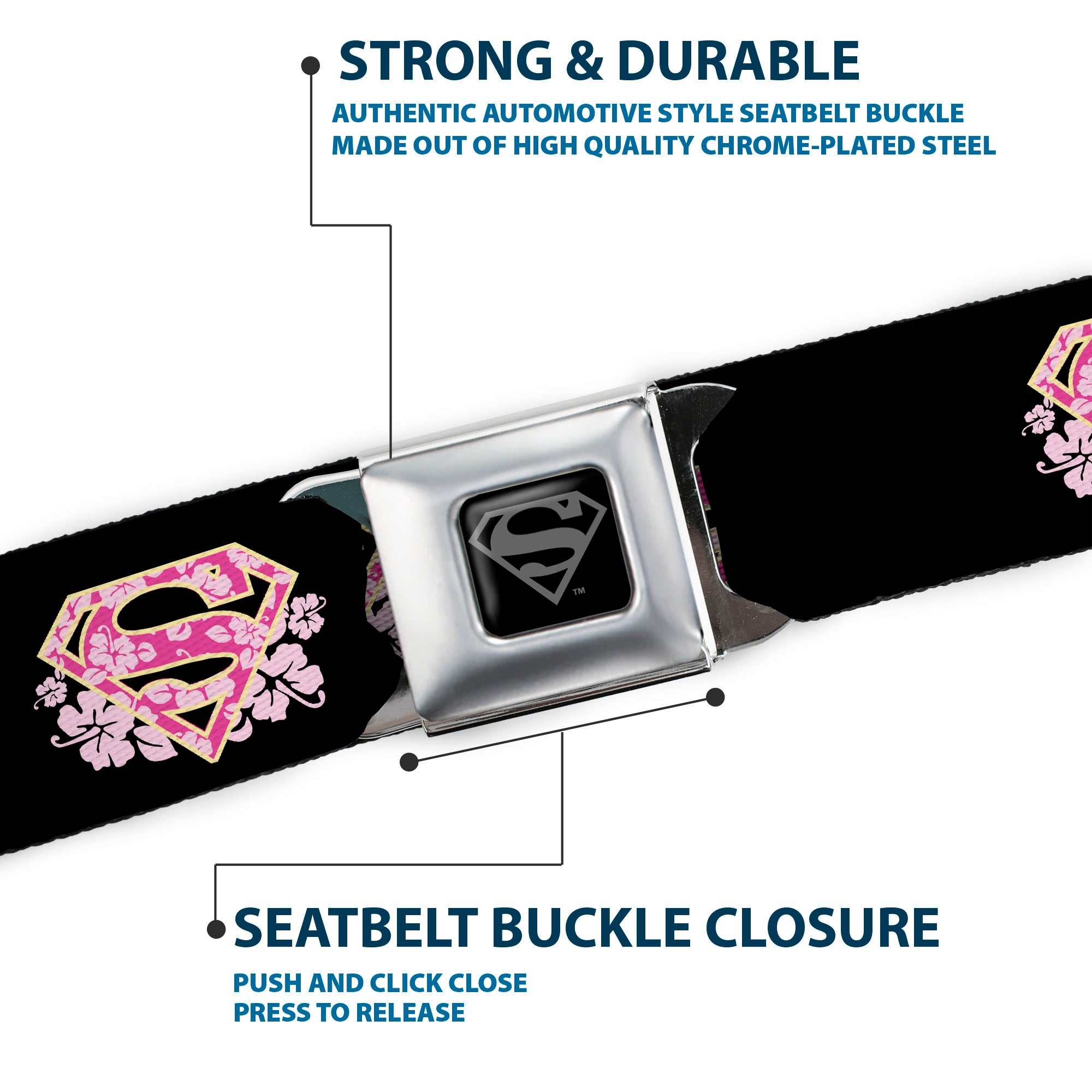 Superman Black Silver Seatbelt Belt - Super Shield Hibiscus Design Black/Pink Webbing Seatbelt Belts DC Comics