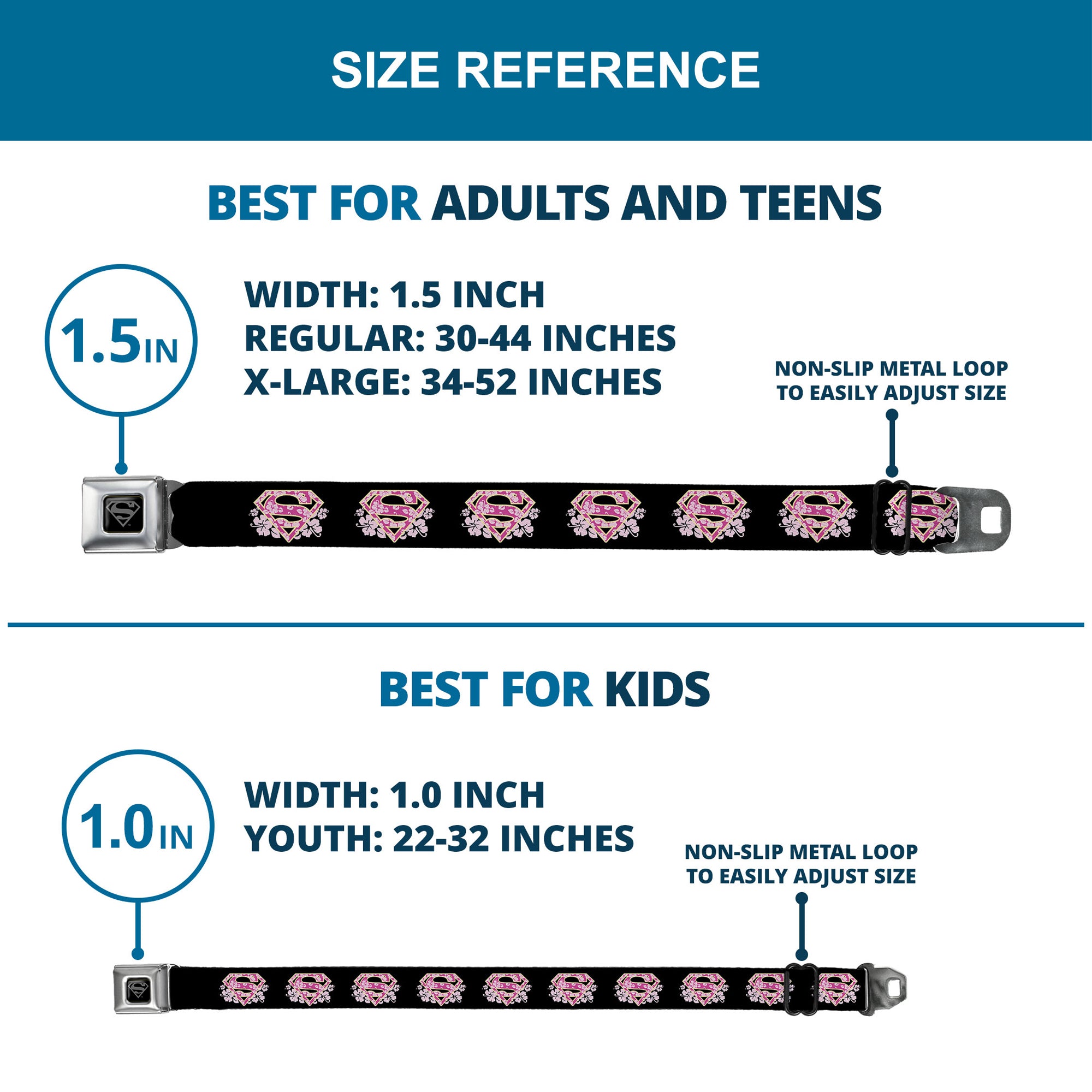 Superman Black Silver Seatbelt Belt - Super Shield Hibiscus Design Black/Pink Webbing Seatbelt Belts DC Comics