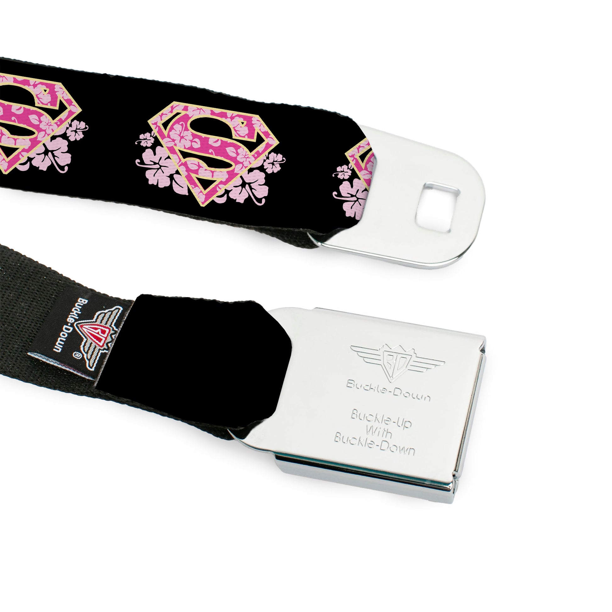 Superman Black Silver Seatbelt Belt - Super Shield Hibiscus Design Black/Pink Webbing Seatbelt Belts DC Comics