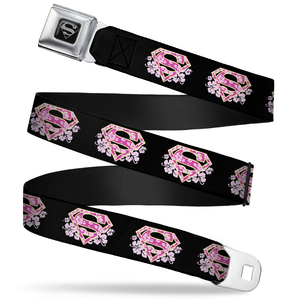 Superman Black Silver Seatbelt Belt - Super Shield Hibiscus Design Black/Pink Webbing Seatbelt Belts DC Comics