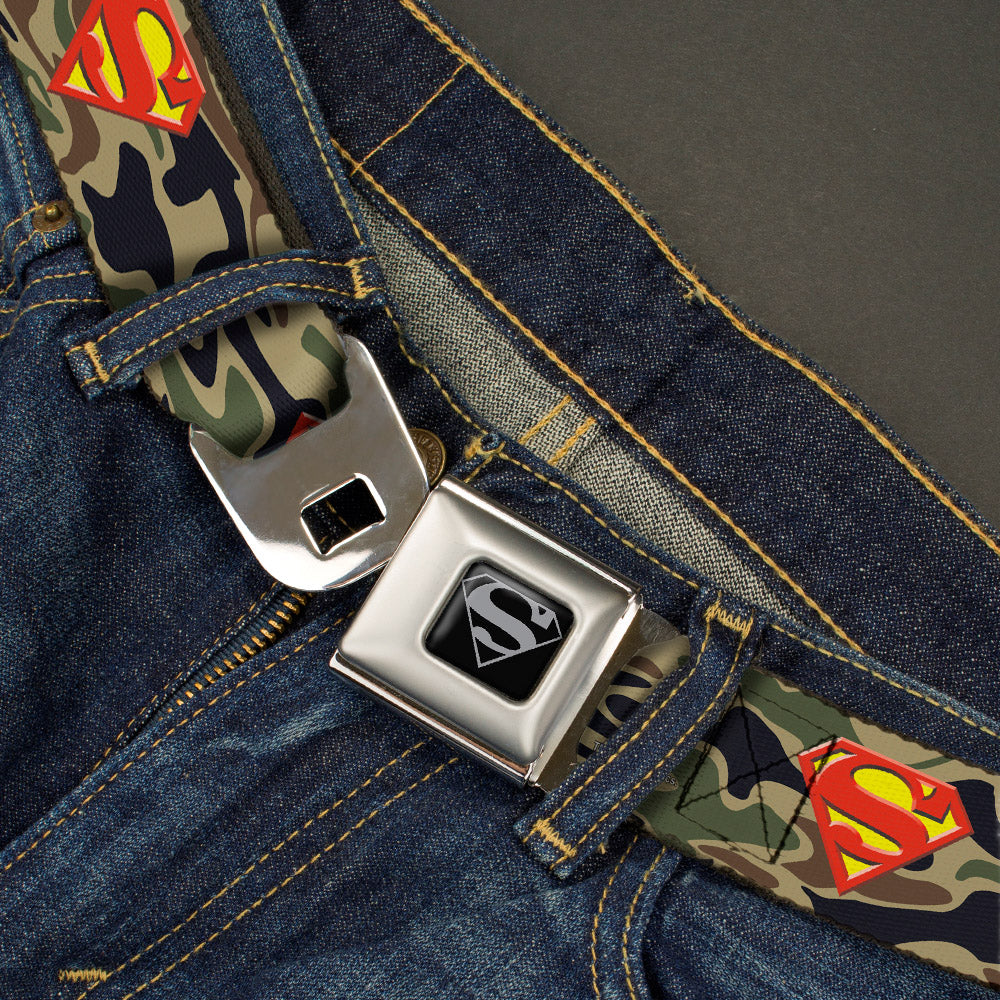 Superman Black Silver Seatbelt Belt - Superman Shield Camo Olive Webbing Seatbelt Belts DC Comics