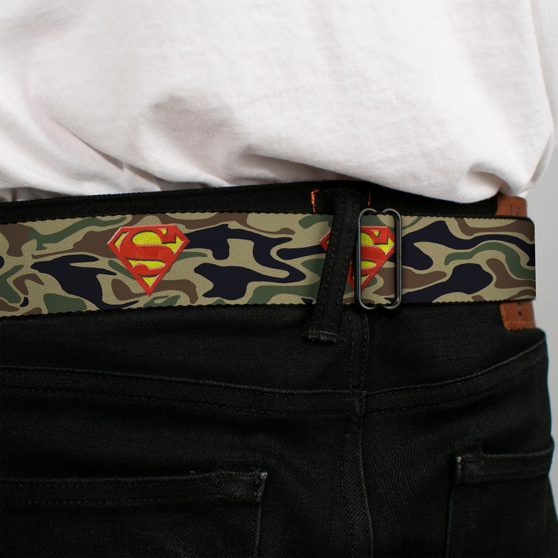 Superman Black Silver Seatbelt Belt - Superman Shield Camo Olive Webbing Seatbelt Belts DC Comics