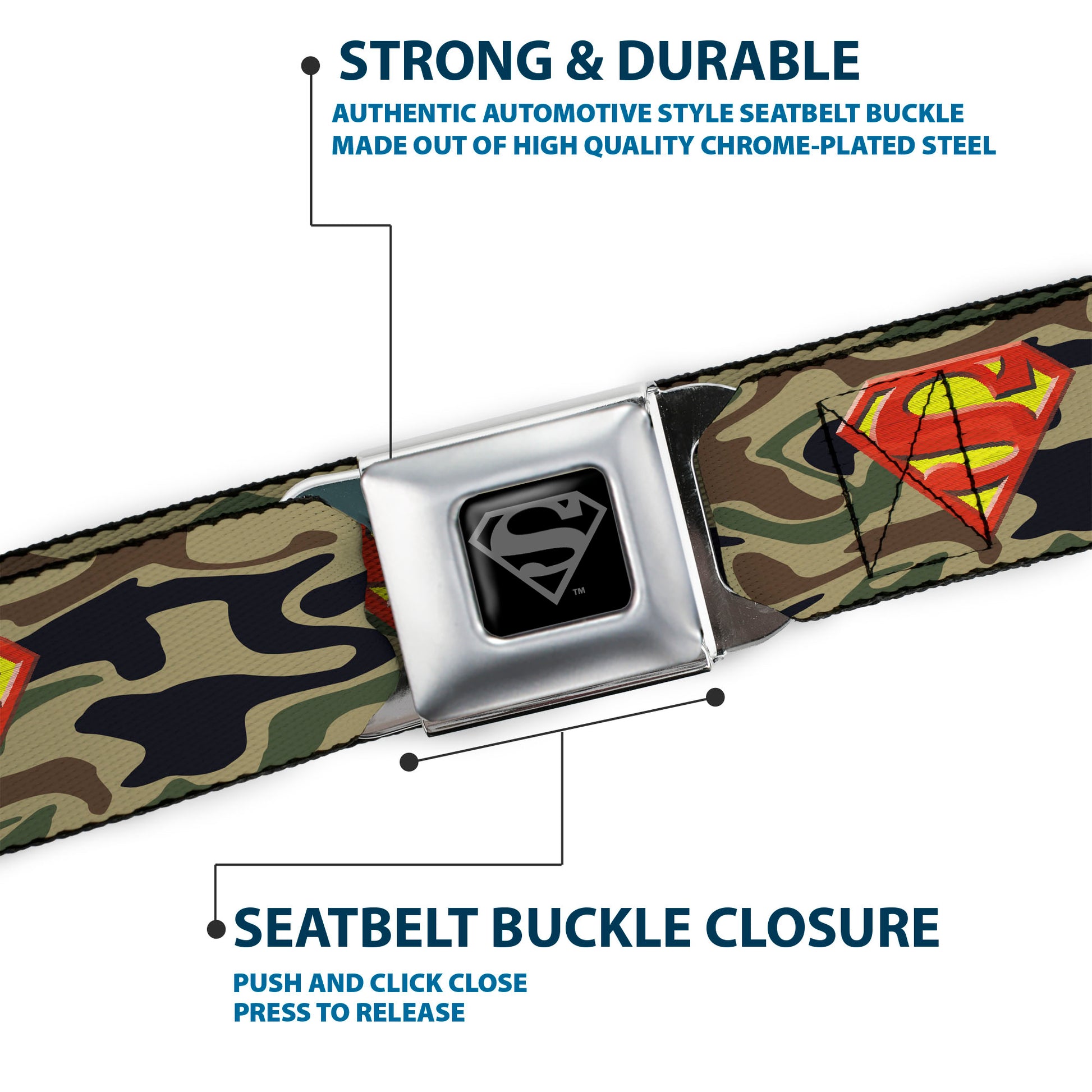 Superman Black Silver Seatbelt Belt - Superman Shield Camo Olive Webbing Seatbelt Belts DC Comics