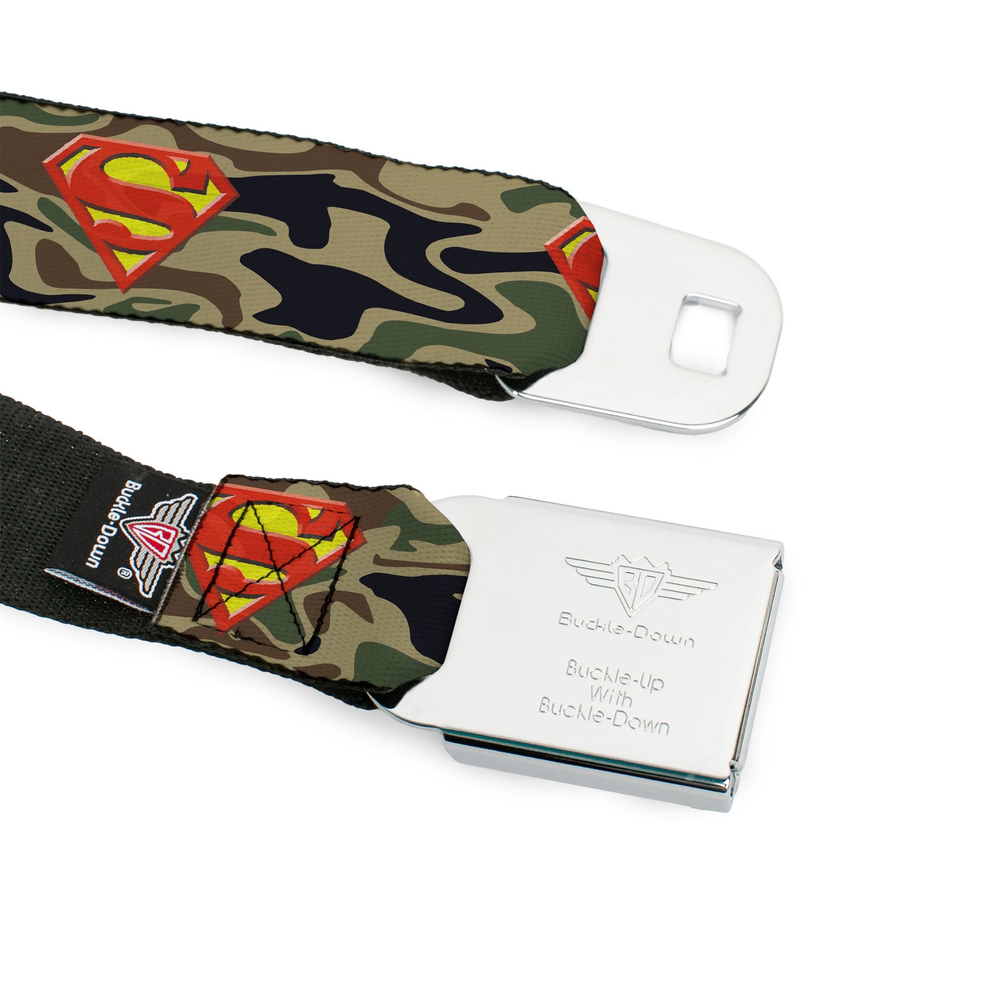 Superman Black Silver Seatbelt Belt - Superman Shield Camo Olive Webbing Seatbelt Belts DC Comics