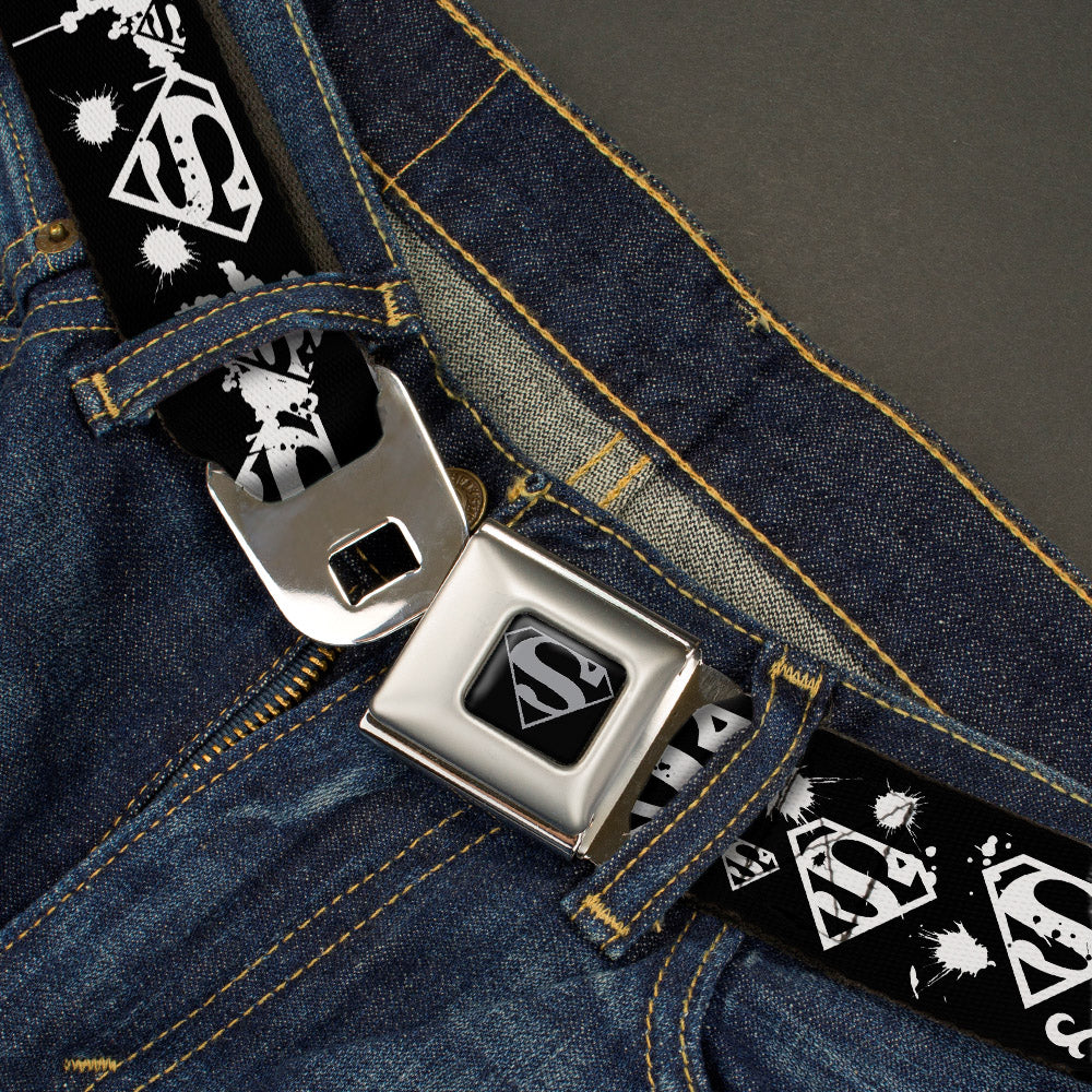 Superman Black Silver Seatbelt Belt - Superman Shield Splatter Black/White Webbing Seatbelt Belts DC Comics