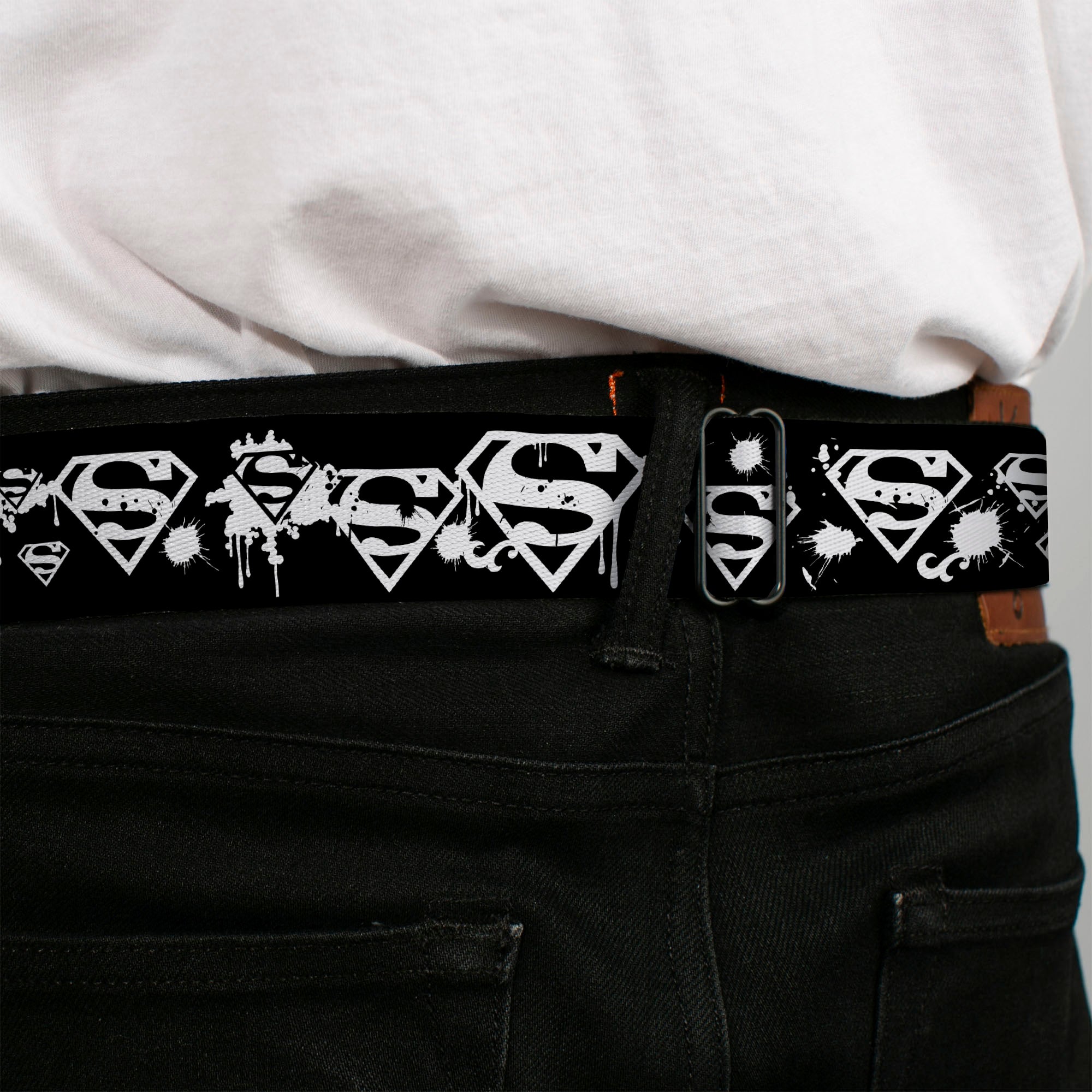 Superman Black Silver Seatbelt Belt - Superman Shield Splatter Black/White Webbing Seatbelt Belts DC Comics