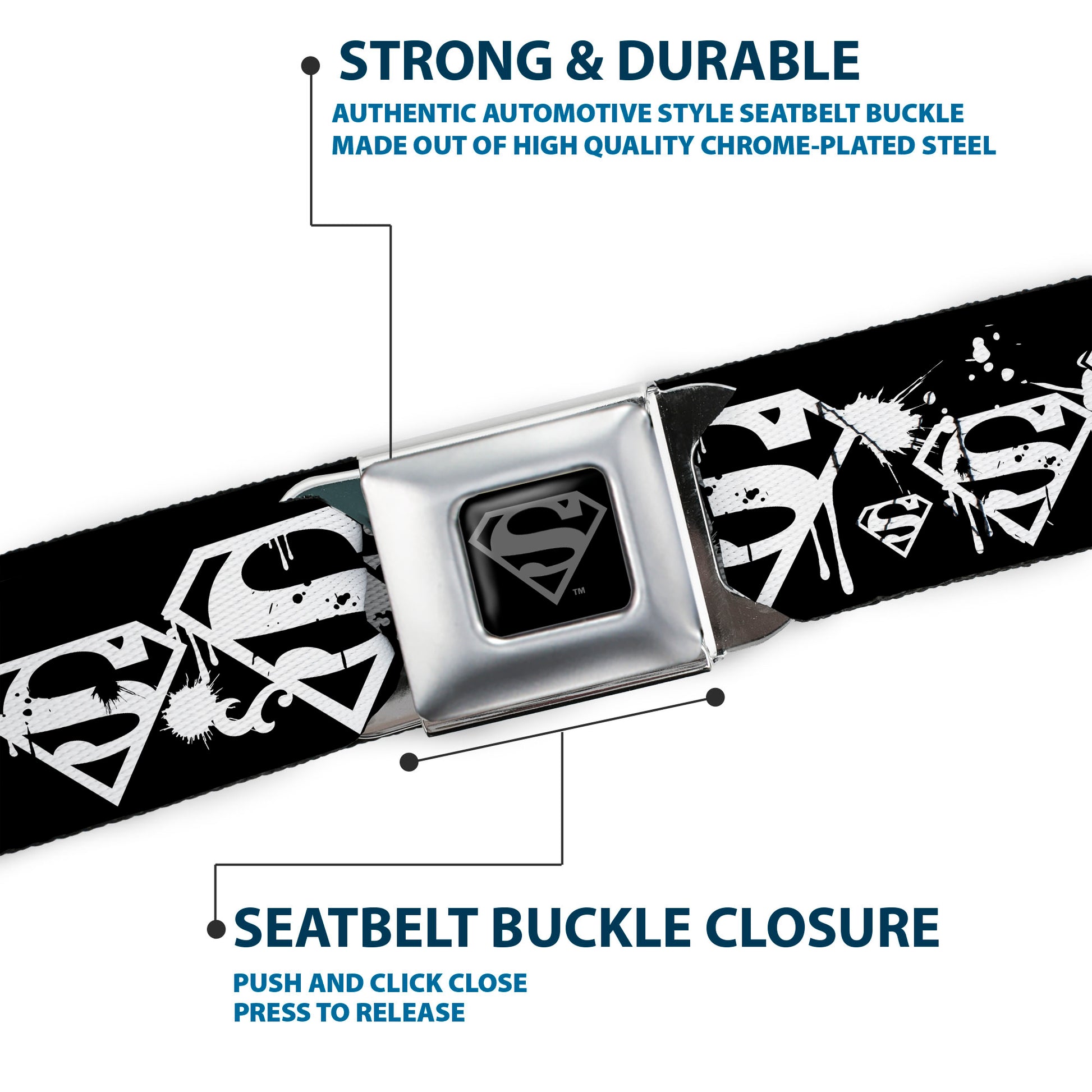 Superman Black Silver Seatbelt Belt - Superman Shield Splatter Black/White Webbing Seatbelt Belts DC Comics