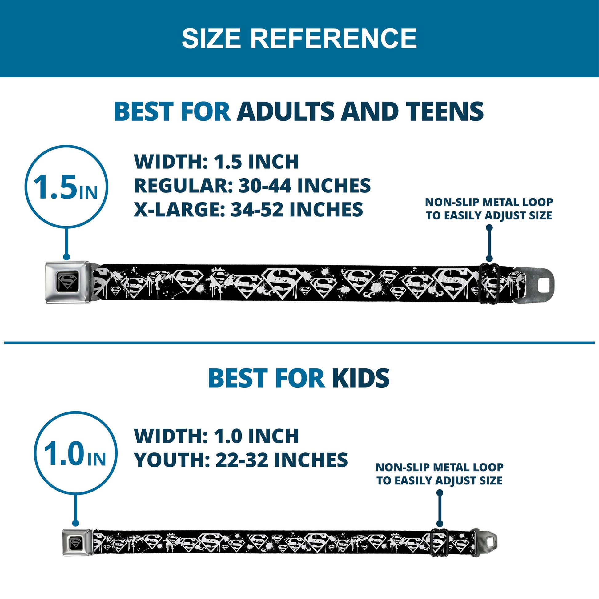 Superman Black Silver Seatbelt Belt - Superman Shield Splatter Black/White Webbing Seatbelt Belts DC Comics