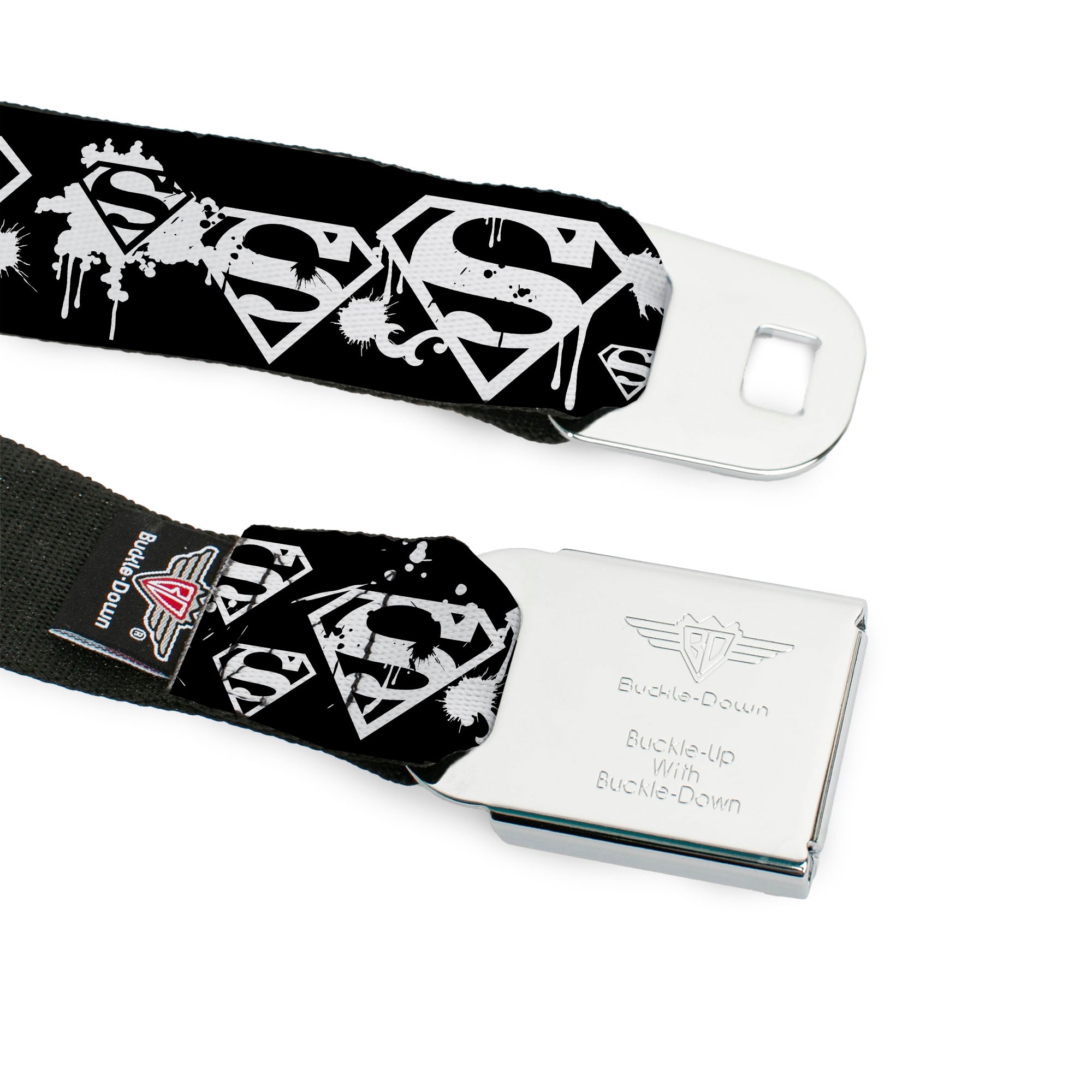 Superman Black Silver Seatbelt Belt - Superman Shield Splatter Black/White Webbing Seatbelt Belts DC Comics
