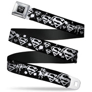 Superman Black Silver Seatbelt Belt - Superman Shield Splatter Black/White Webbing Seatbelt Belts DC Comics