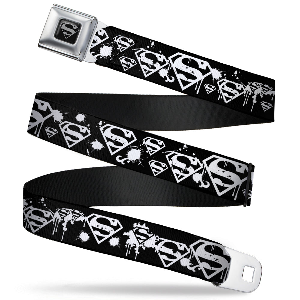 Superman Black Silver Seatbelt Belt - Superman Shield Splatter Black/White Webbing Seatbelt Belts DC Comics