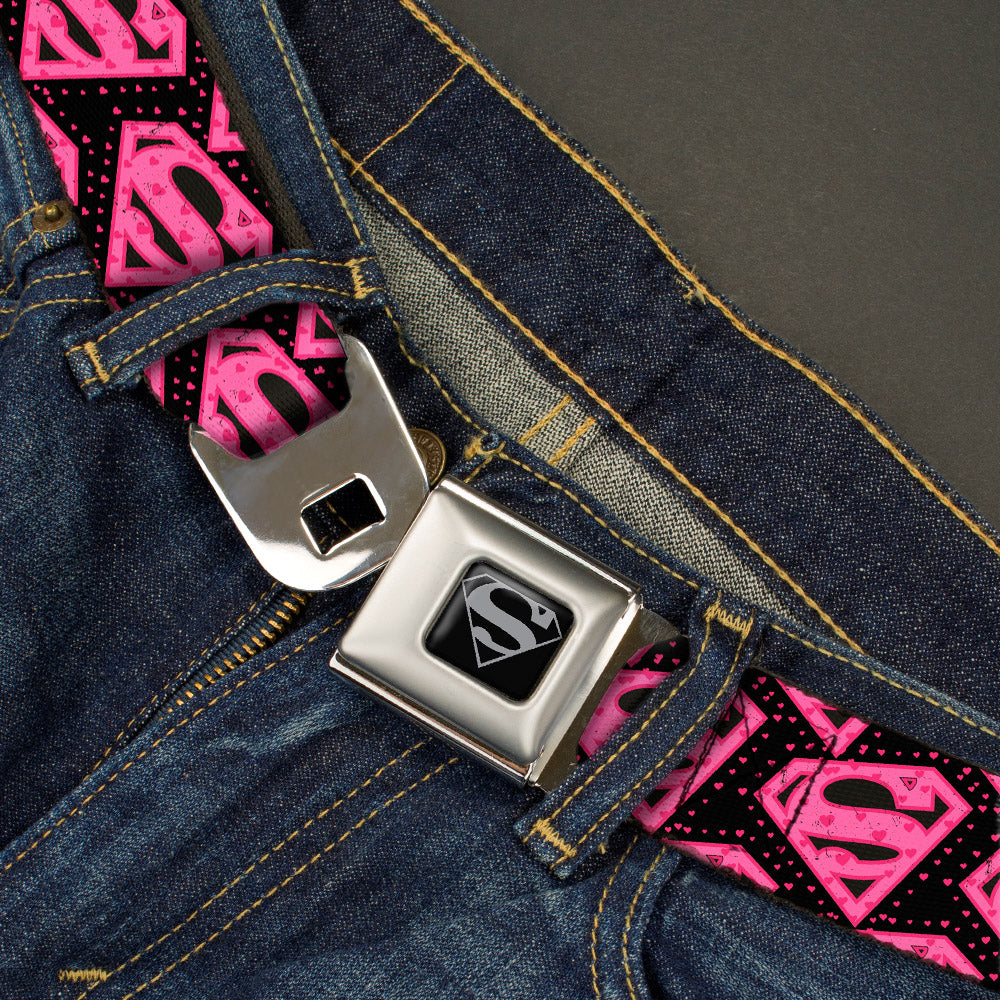 Superman Black Silver Seatbelt Belt - Diagonal Superman Logo w/Hearts Black/Pink Webbing Seatbelt Belts DC Comics