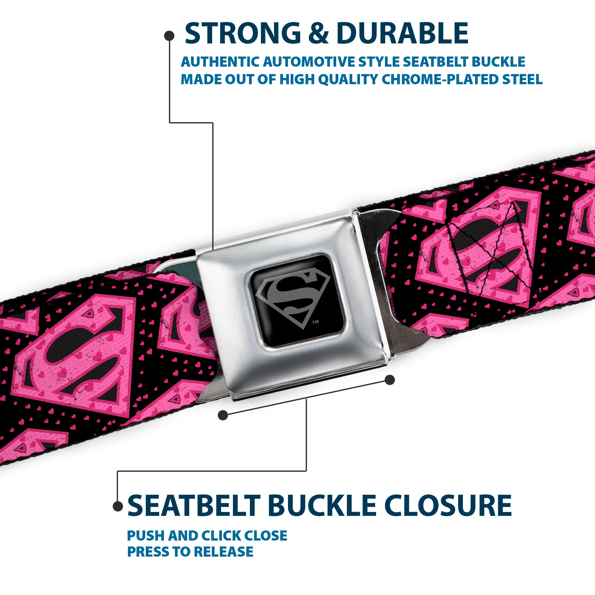 Superman Black Silver Seatbelt Belt - Diagonal Superman Logo w/Hearts Black/Pink Webbing Seatbelt Belts DC Comics