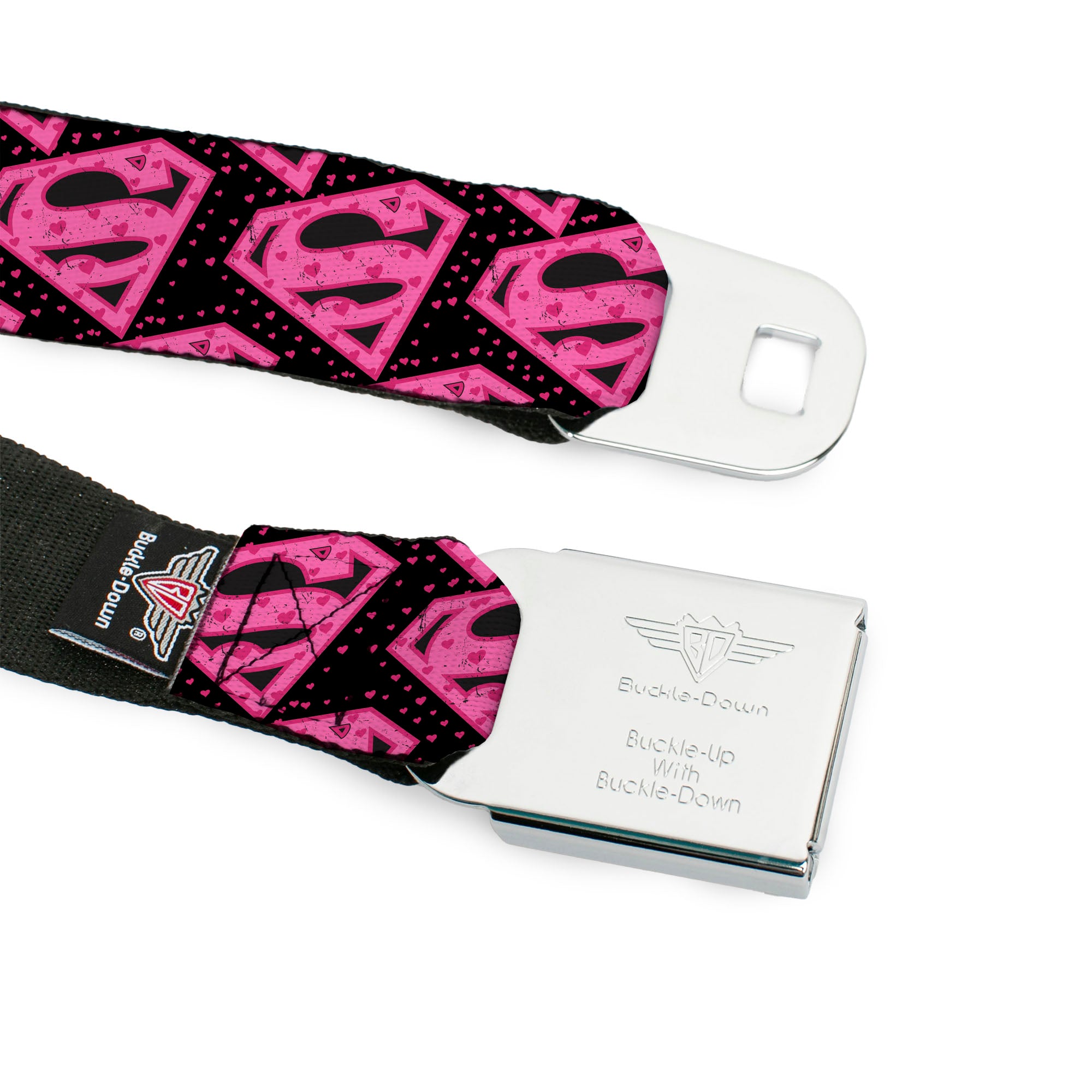 Superman Black Silver Seatbelt Belt - Diagonal Superman Logo w/Hearts Black/Pink Webbing Seatbelt Belts DC Comics