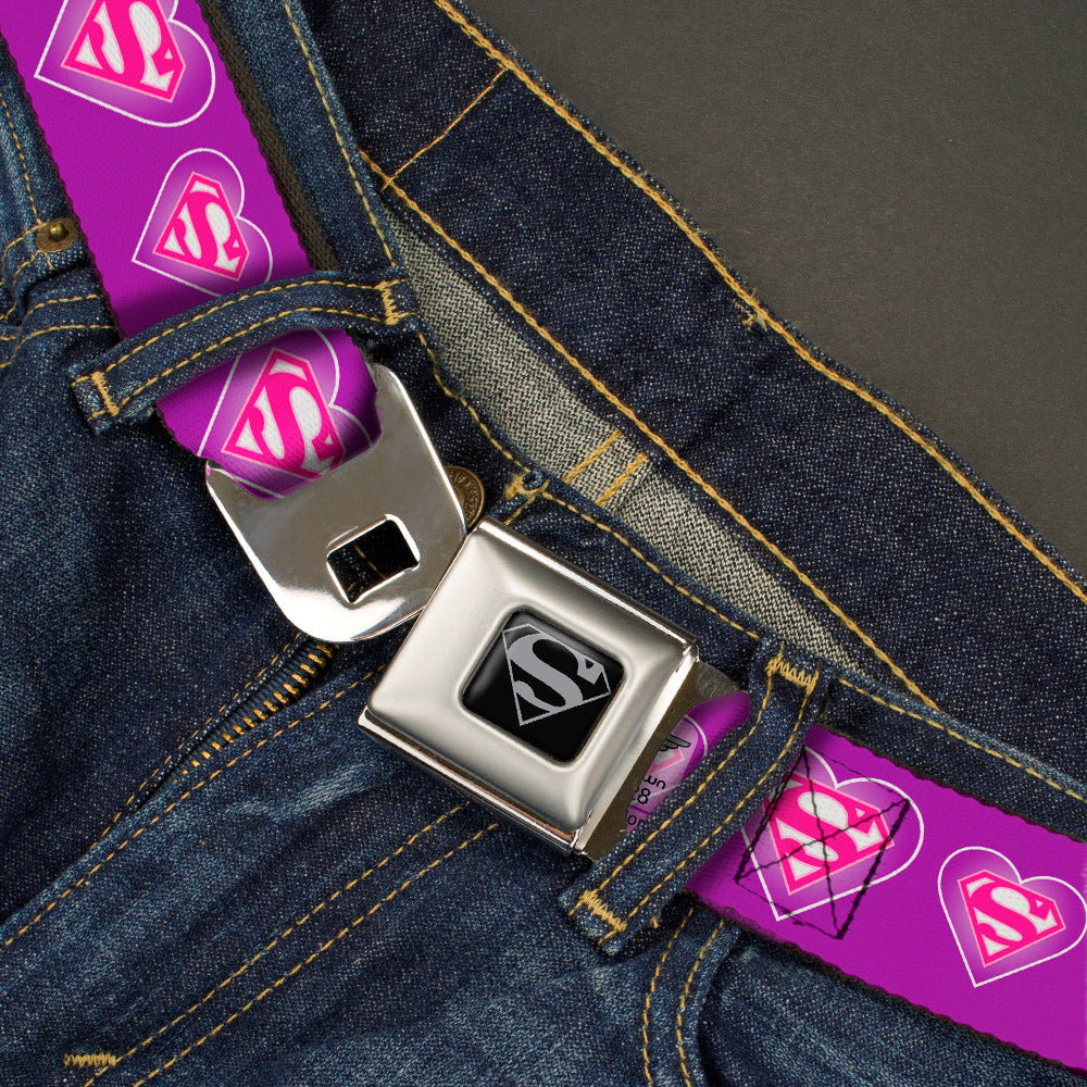 Superman Black Silver Seatbelt Belt - Superman Logo in Heart Purple/White/Pink Webbing Seatbelt Belts DC Comics