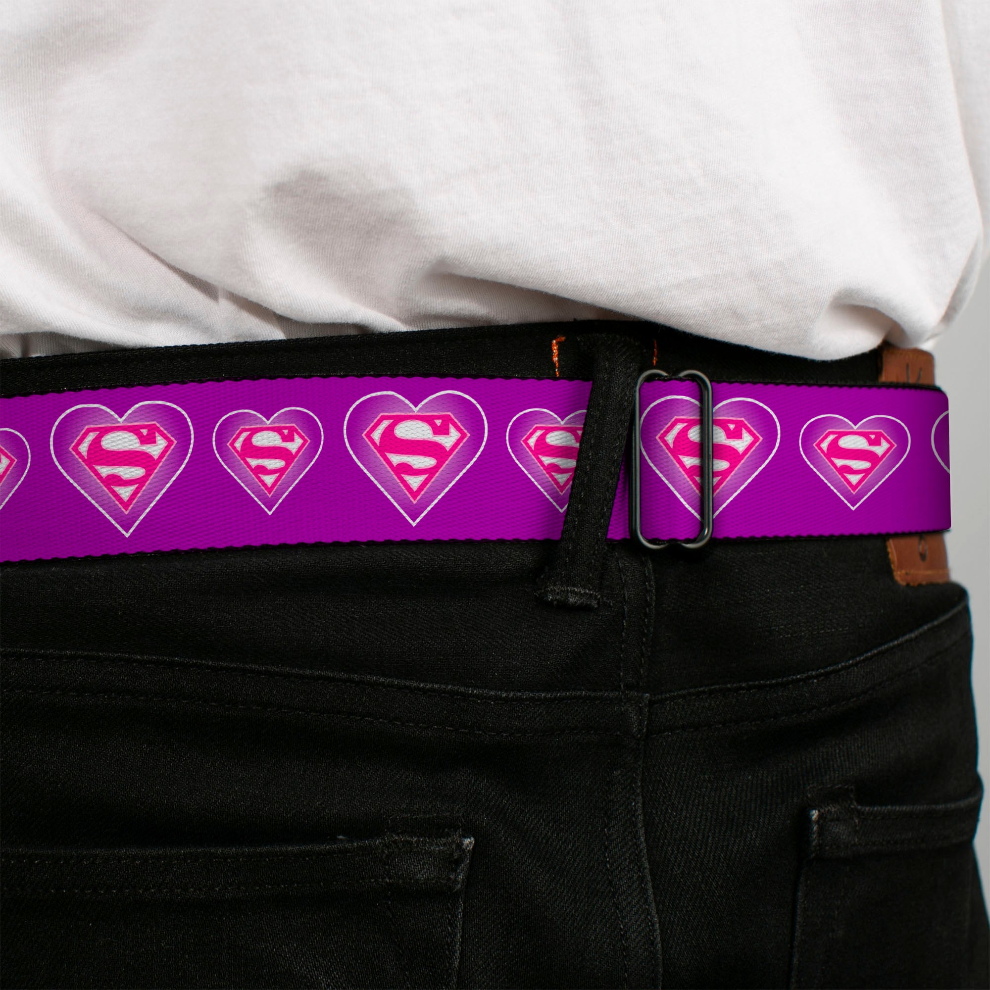 Superman Black Silver Seatbelt Belt - Superman Logo in Heart Purple/White/Pink Webbing Seatbelt Belts DC Comics