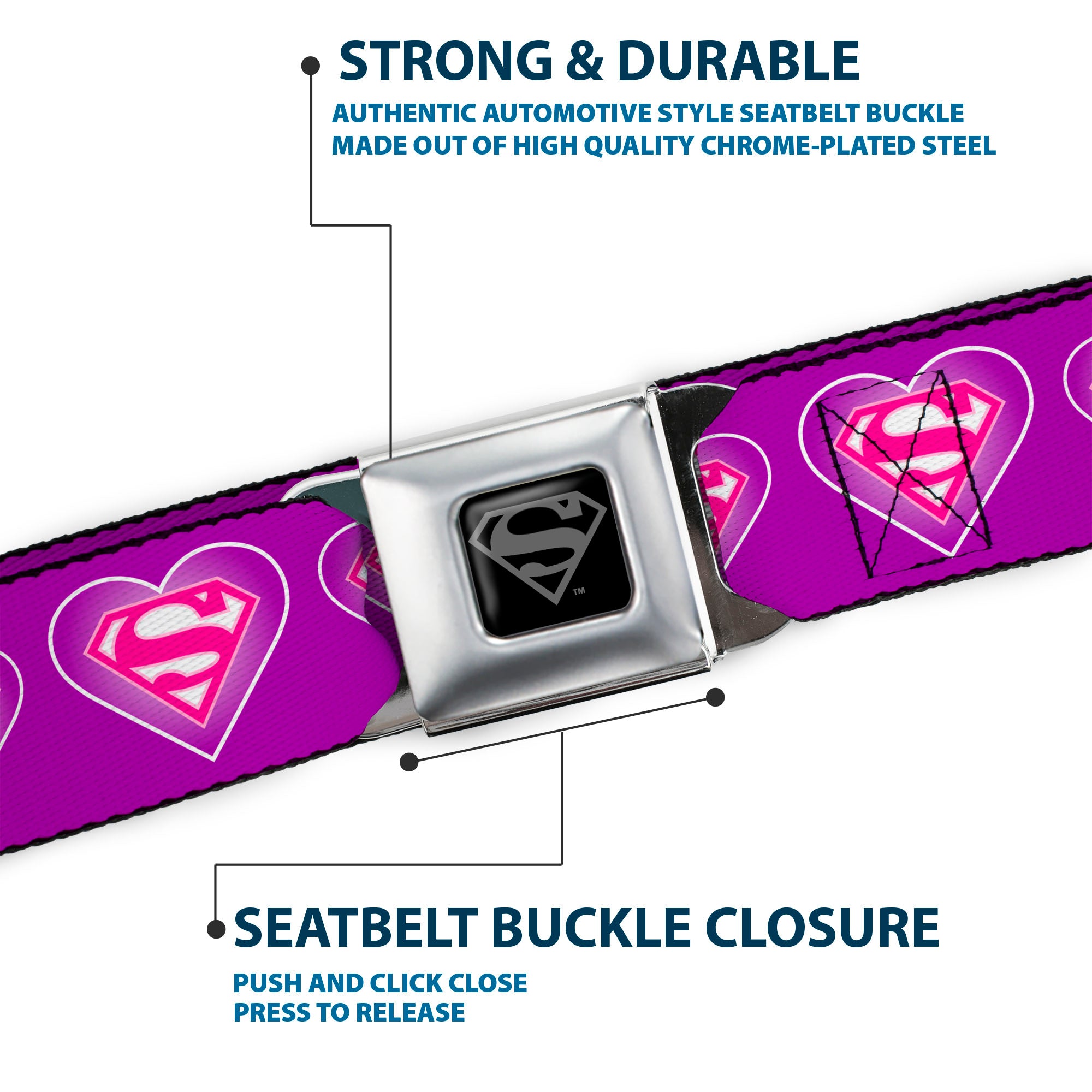 Superman Black Silver Seatbelt Belt - Superman Logo in Heart Purple/White/Pink Webbing Seatbelt Belts DC Comics