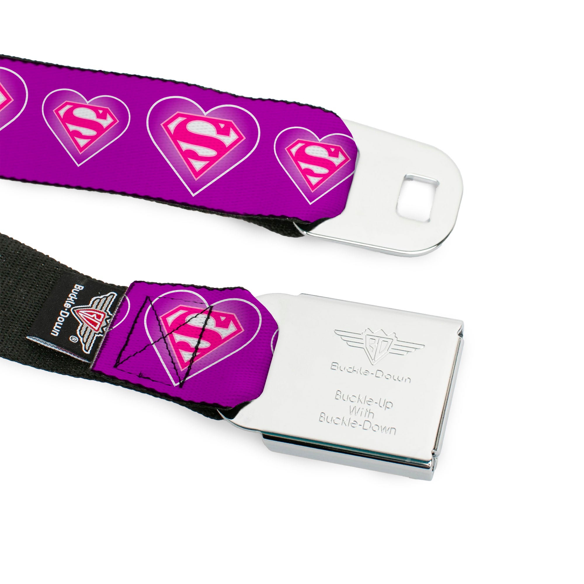 Superman Black Silver Seatbelt Belt - Superman Logo in Heart Purple/White/Pink Webbing Seatbelt Belts DC Comics