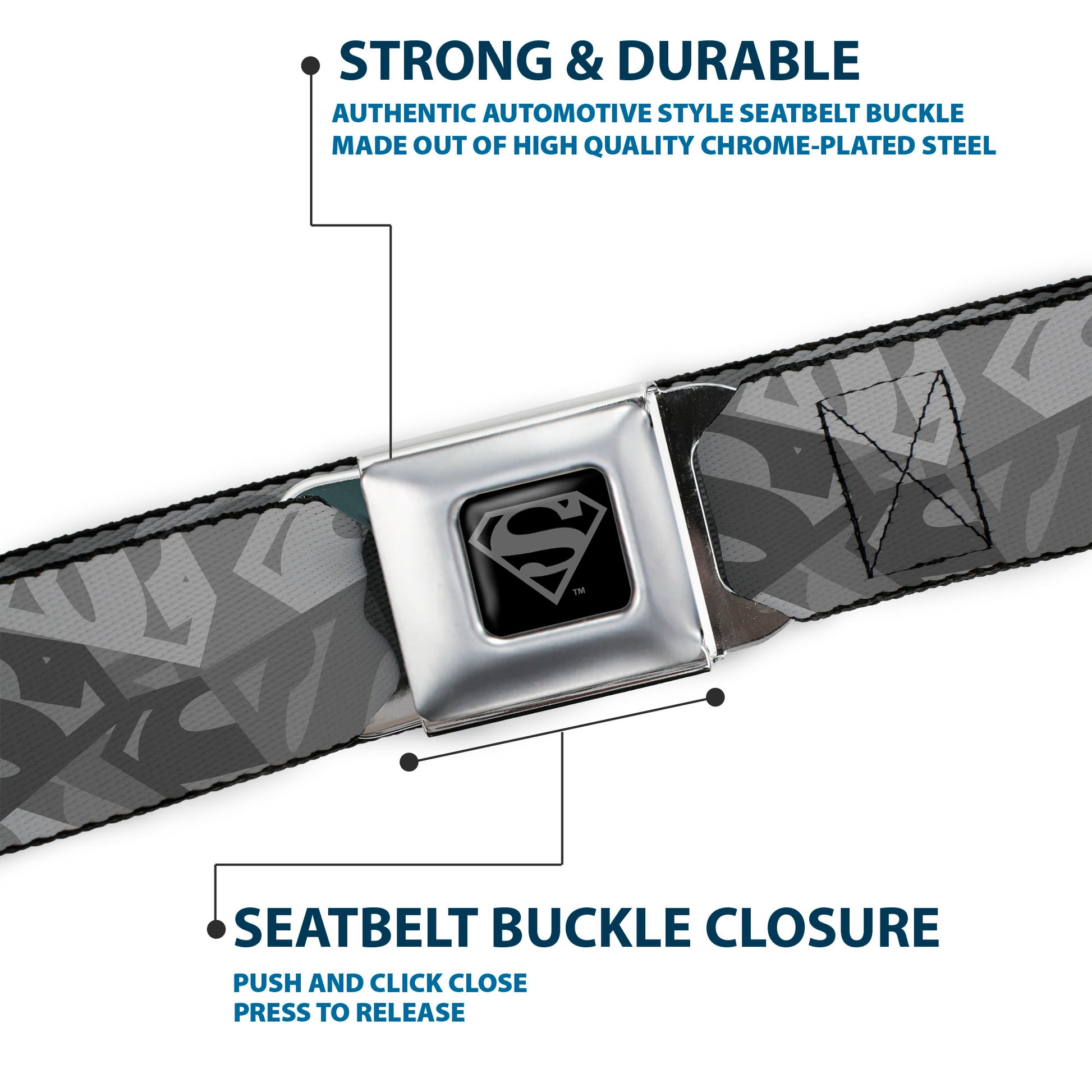 Superman Black Silver Seatbelt Belt - Superman Shield Camouflage Grays Webbing Seatbelt Belts DC Comics