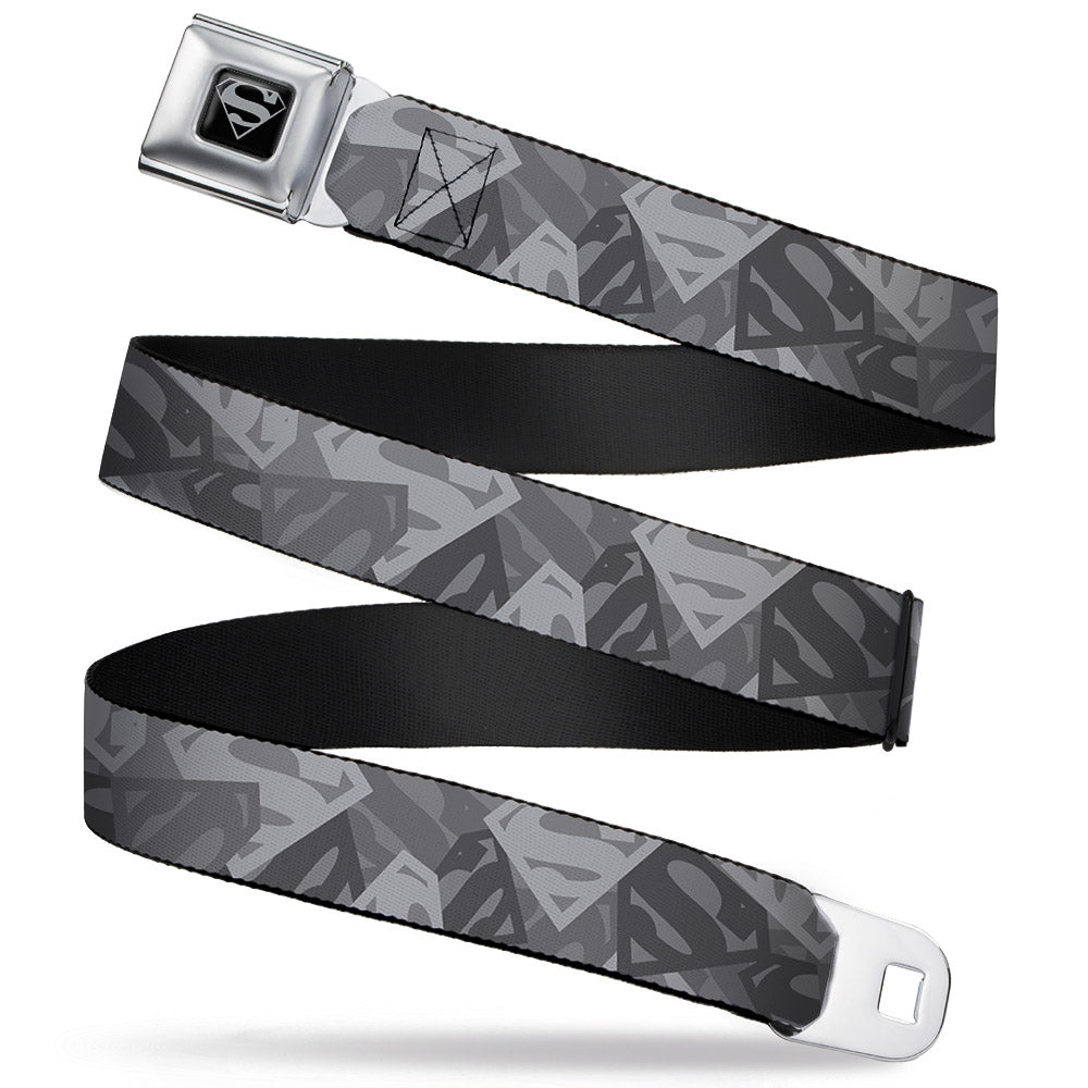 Superman Black Silver Seatbelt Belt - Superman Shield Camouflage Grays Webbing Seatbelt Belts DC Comics