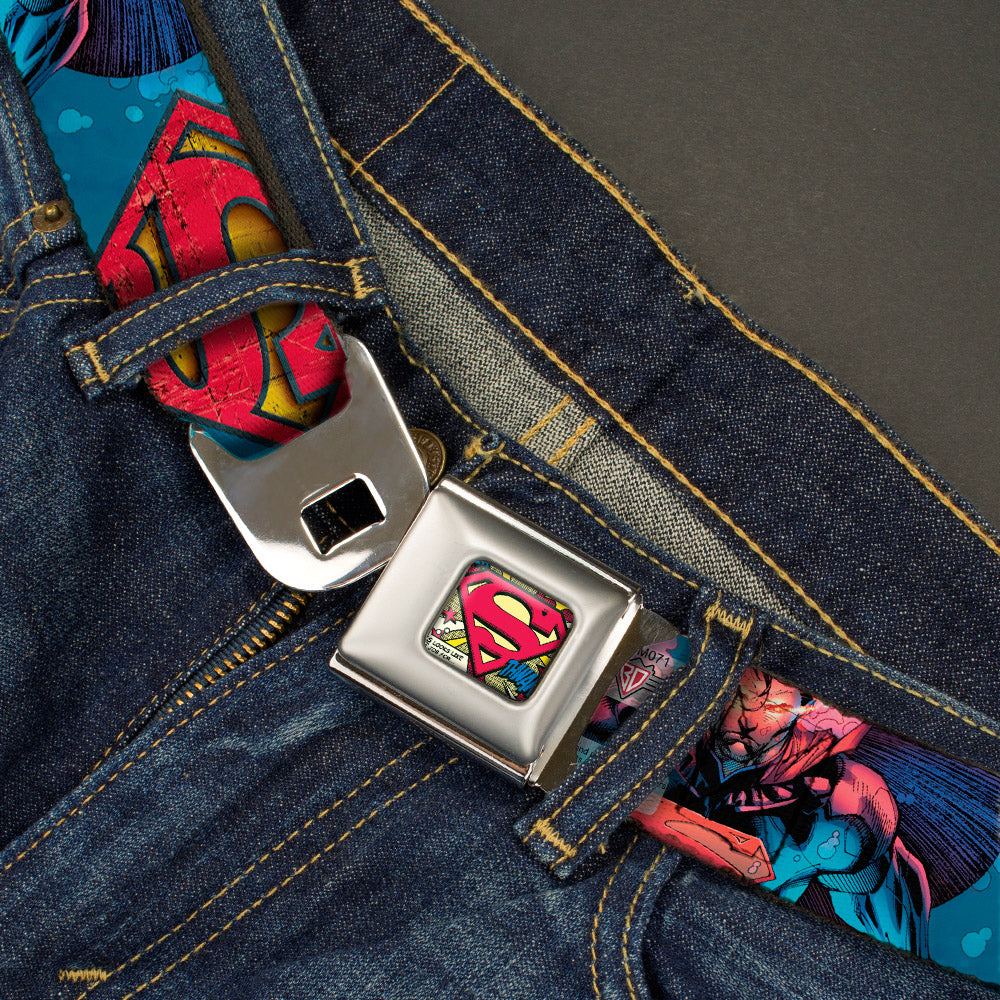 Superman Shield Weathered Full Color Blue Red Yellow Seatbelt Belt - Superman Unchained Under Sea Pose/Shield Blues/Gray/Red/Yellow Webbing Seatbelt Belts DC Comics