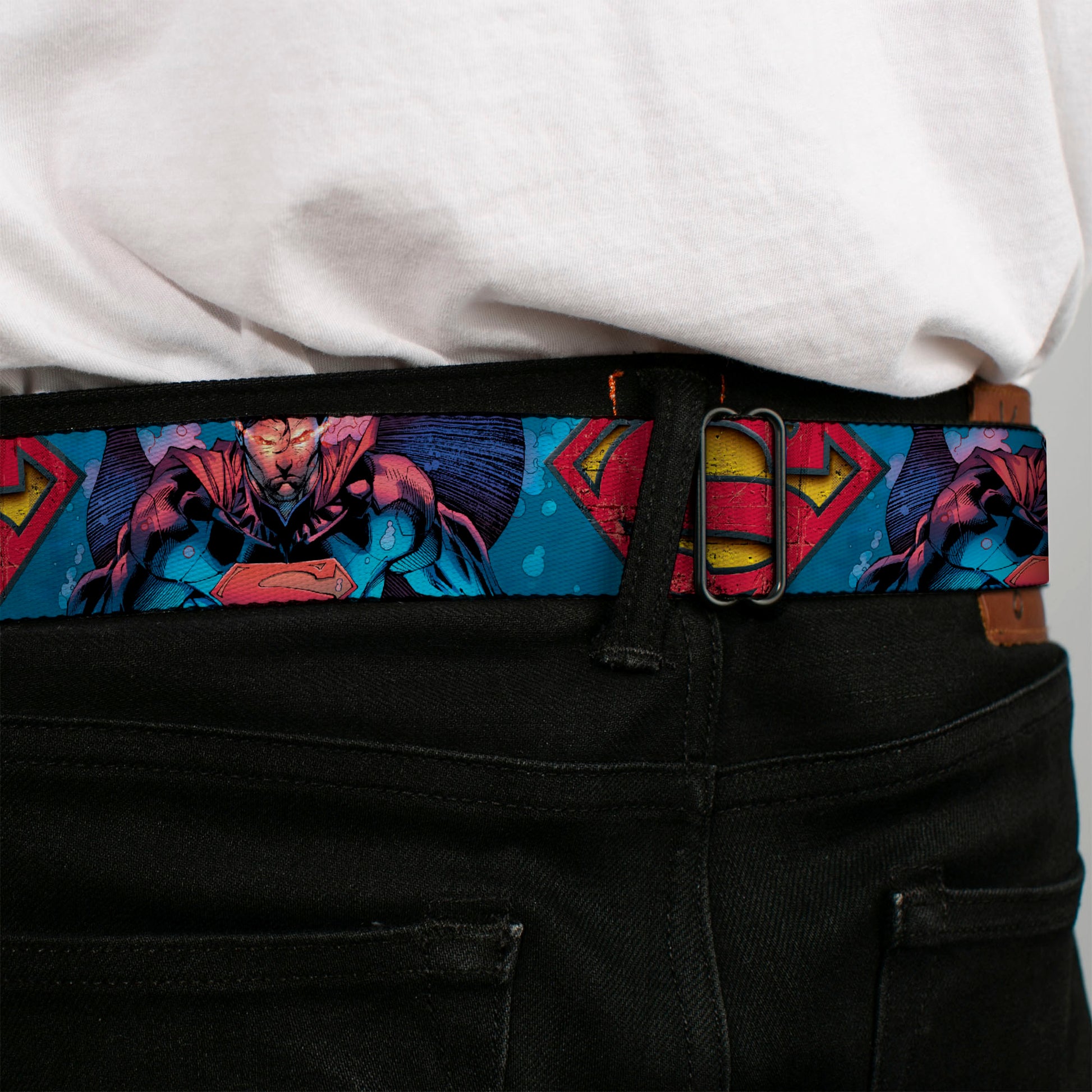 Superman Shield Weathered Full Color Blue Red Yellow Seatbelt Belt - Superman Unchained Under Sea Pose/Shield Blues/Gray/Red/Yellow Webbing Seatbelt Belts DC Comics