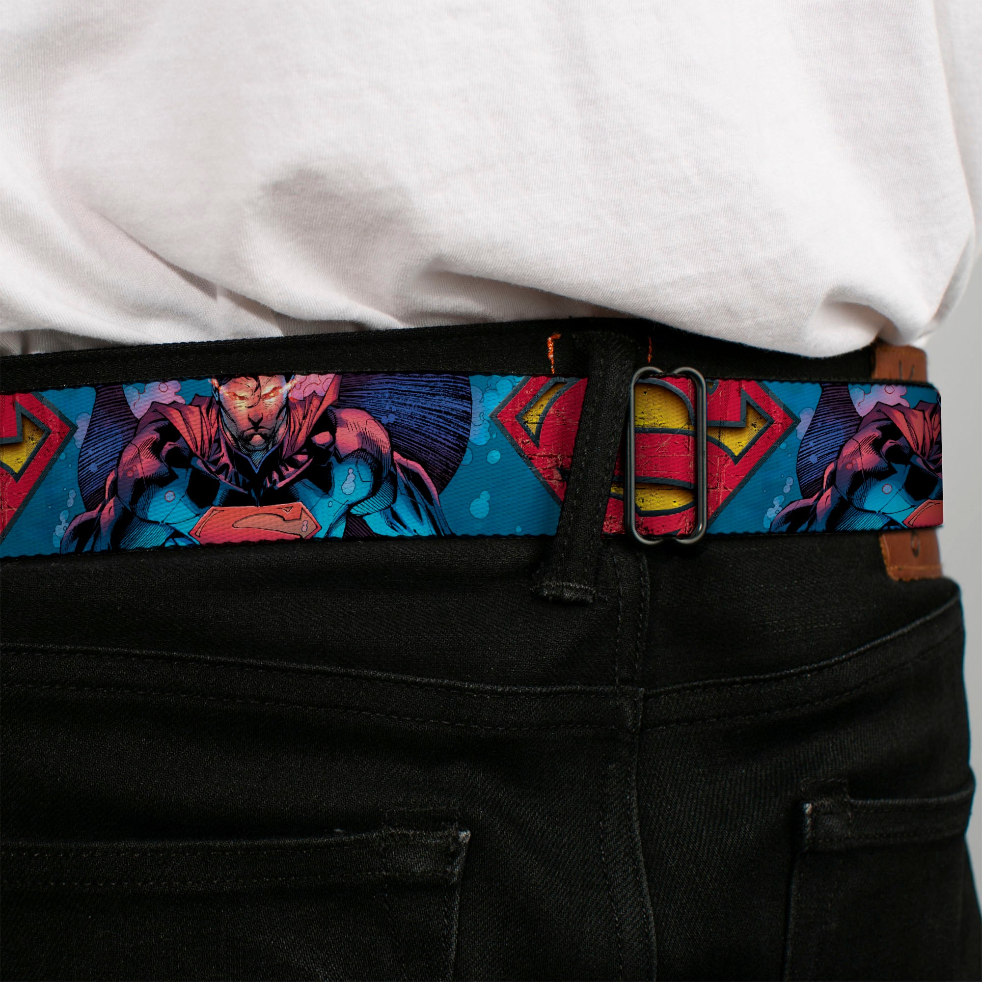 Superman Shield Weathered Full Color Blue Red Yellow Seatbelt Belt - Superman Unchained Under Sea Pose/Shield Blues/Gray/Red/Yellow Webbing Seatbelt Belts DC Comics