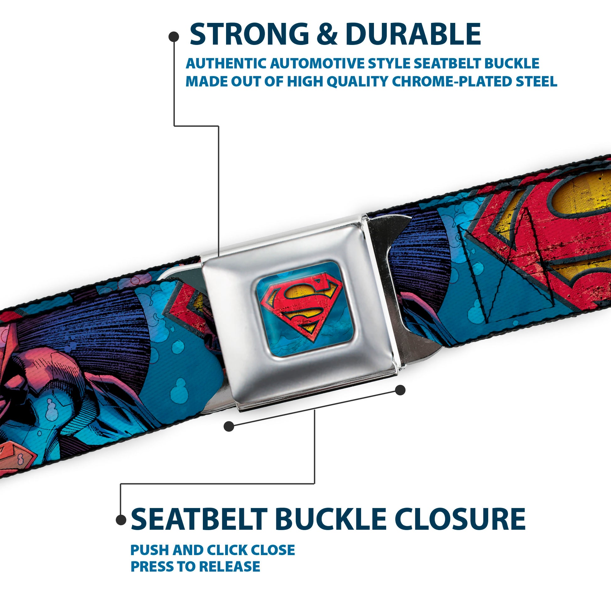Superman Shield Weathered Full Color Blue Red Yellow Seatbelt Belt - Superman Unchained Under Sea Pose/Shield Blues/Gray/Red/Yellow Webbing Seatbelt Belts DC Comics