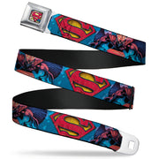 Superman Shield Weathered Full Color Blue Red Yellow Seatbelt Belt - Superman Unchained Under Sea Pose/Shield Blues/Gray/Red/Yellow Webbing Seatbelt Belts DC Comics