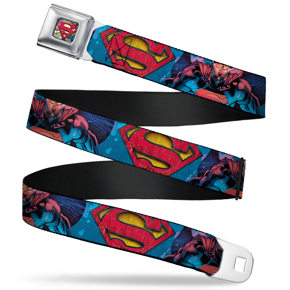 Superman Shield Weathered Full Color Blue Red Yellow Seatbelt Belt - Superman Unchained Under Sea Pose/Shield Blues/Gray/Red/Yellow Webbing Seatbelt Belts DC Comics