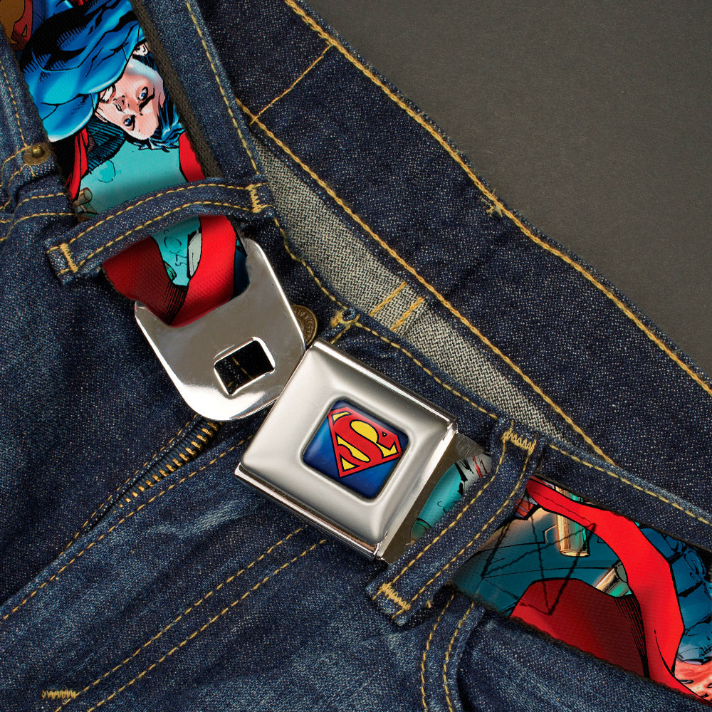 New 52 Superman Shield Explosion Full Color Blues Red Yellow Seatbelt Belt - New 52 Superman 1-Action Pose/Explosion/Bullets CLOSE-UP Light Blue Webbing Seatbelt Belts DC Comics