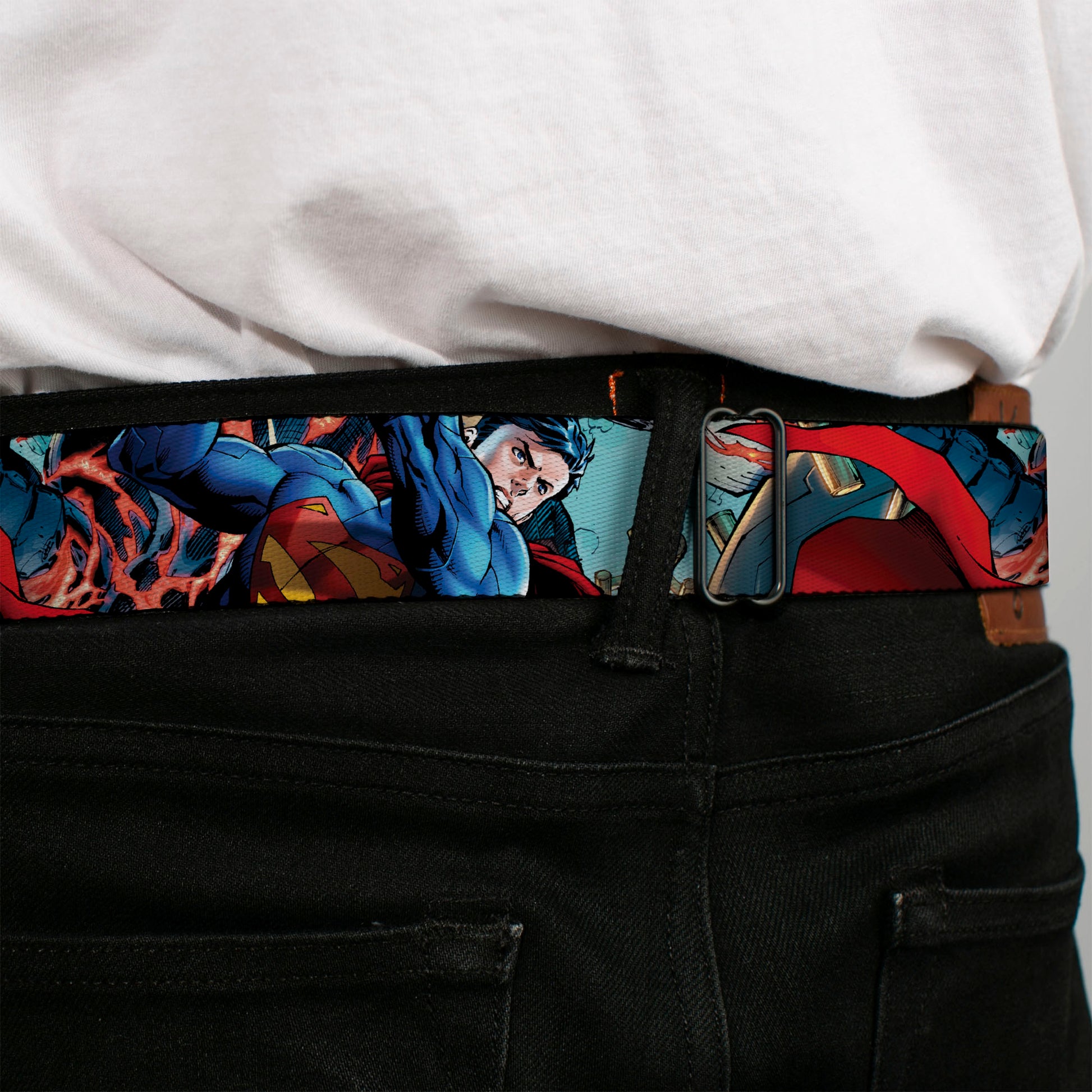 New 52 Superman Shield Explosion Full Color Blues Red Yellow Seatbelt Belt - New 52 Superman 1-Action Pose/Explosion/Bullets CLOSE-UP Light Blue Webbing Seatbelt Belts DC Comics