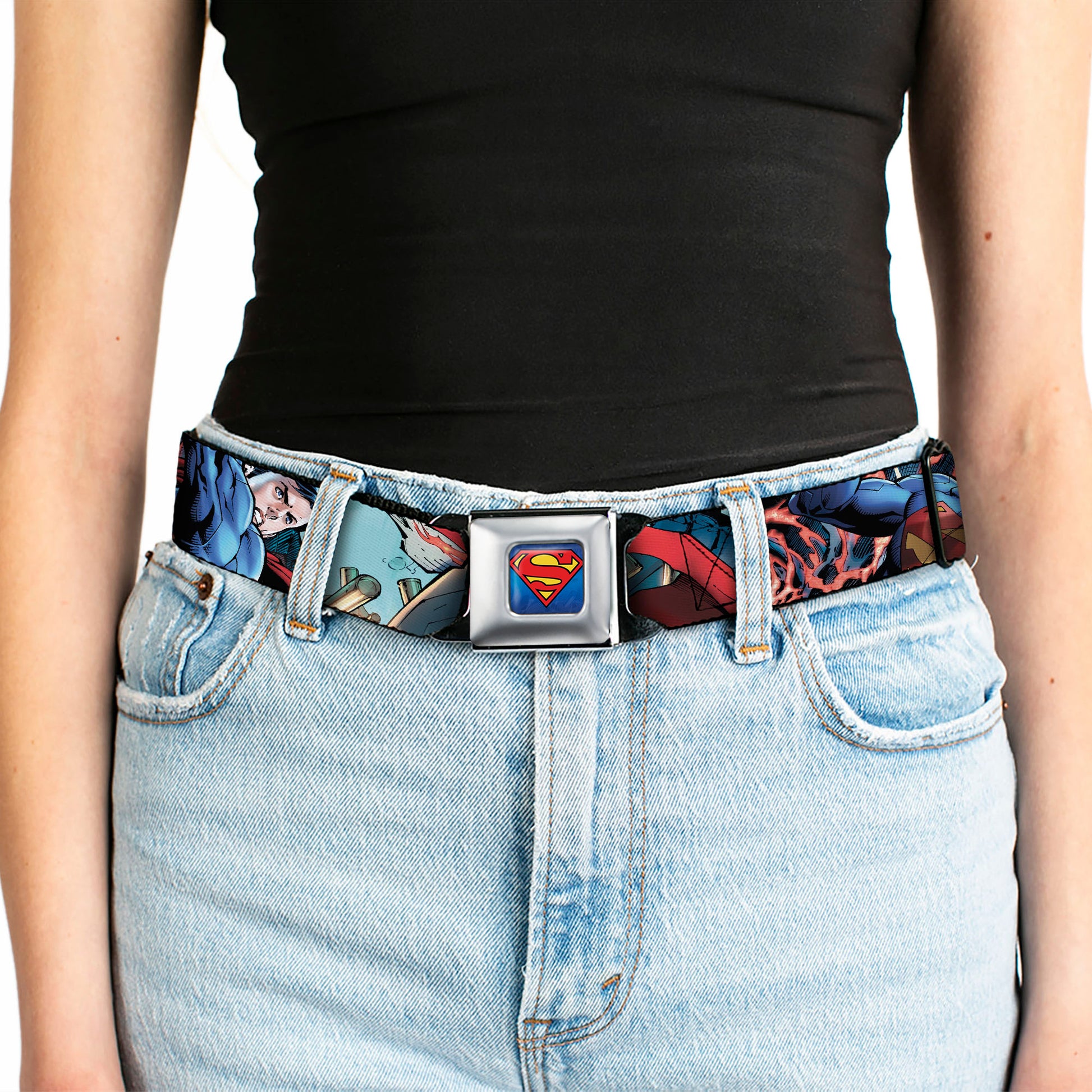 New 52 Superman Shield Explosion Full Color Blues Red Yellow Seatbelt Belt - New 52 Superman 1-Action Pose/Explosion/Bullets CLOSE-UP Light Blue Webbing Seatbelt Belts DC Comics