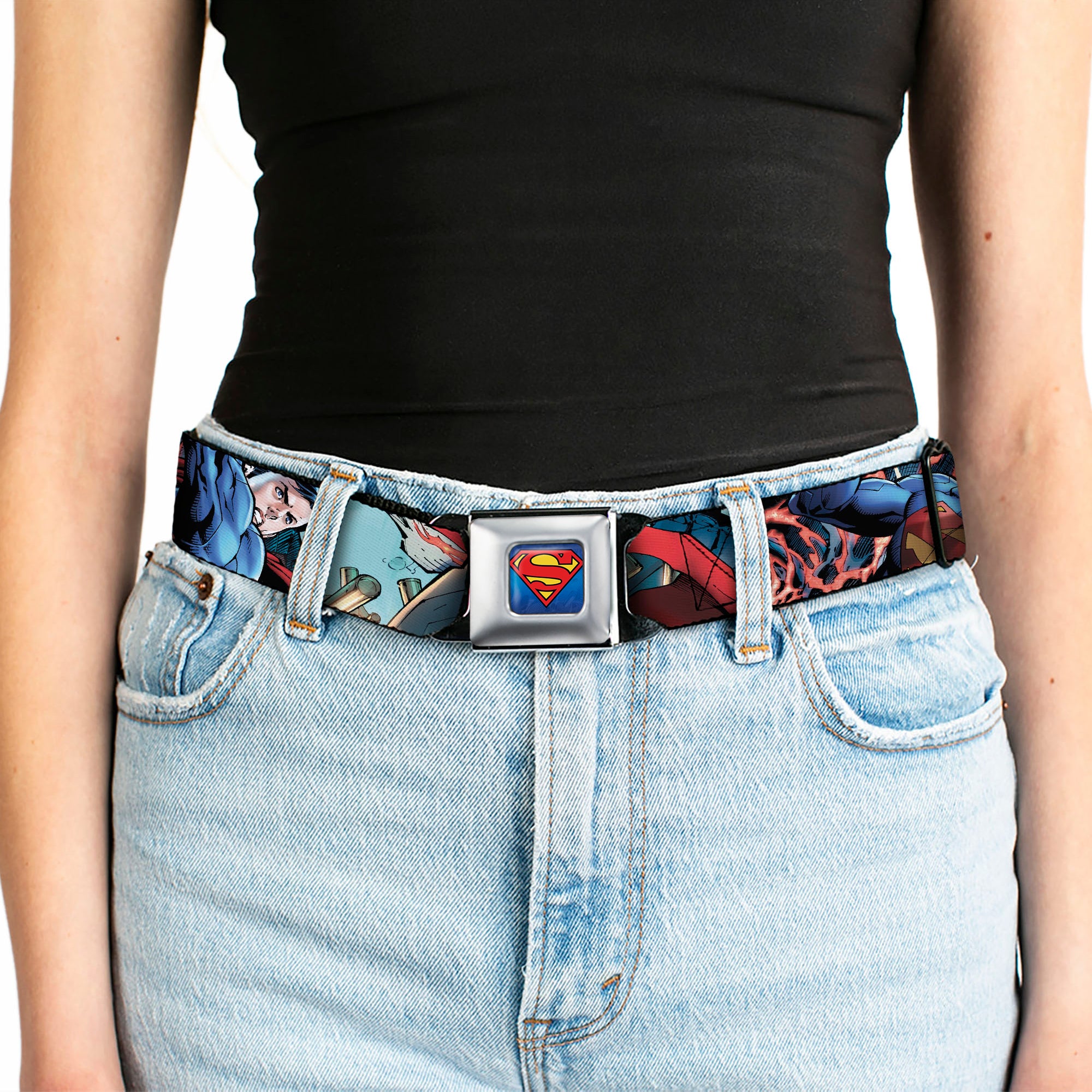 New 52 Superman Shield Explosion Full Color Blues Red Yellow Seatbelt Belt - New 52 Superman 1-Action Pose/Explosion/Bullets CLOSE-UP Light Blue Webbing Seatbelt Belts DC Comics
