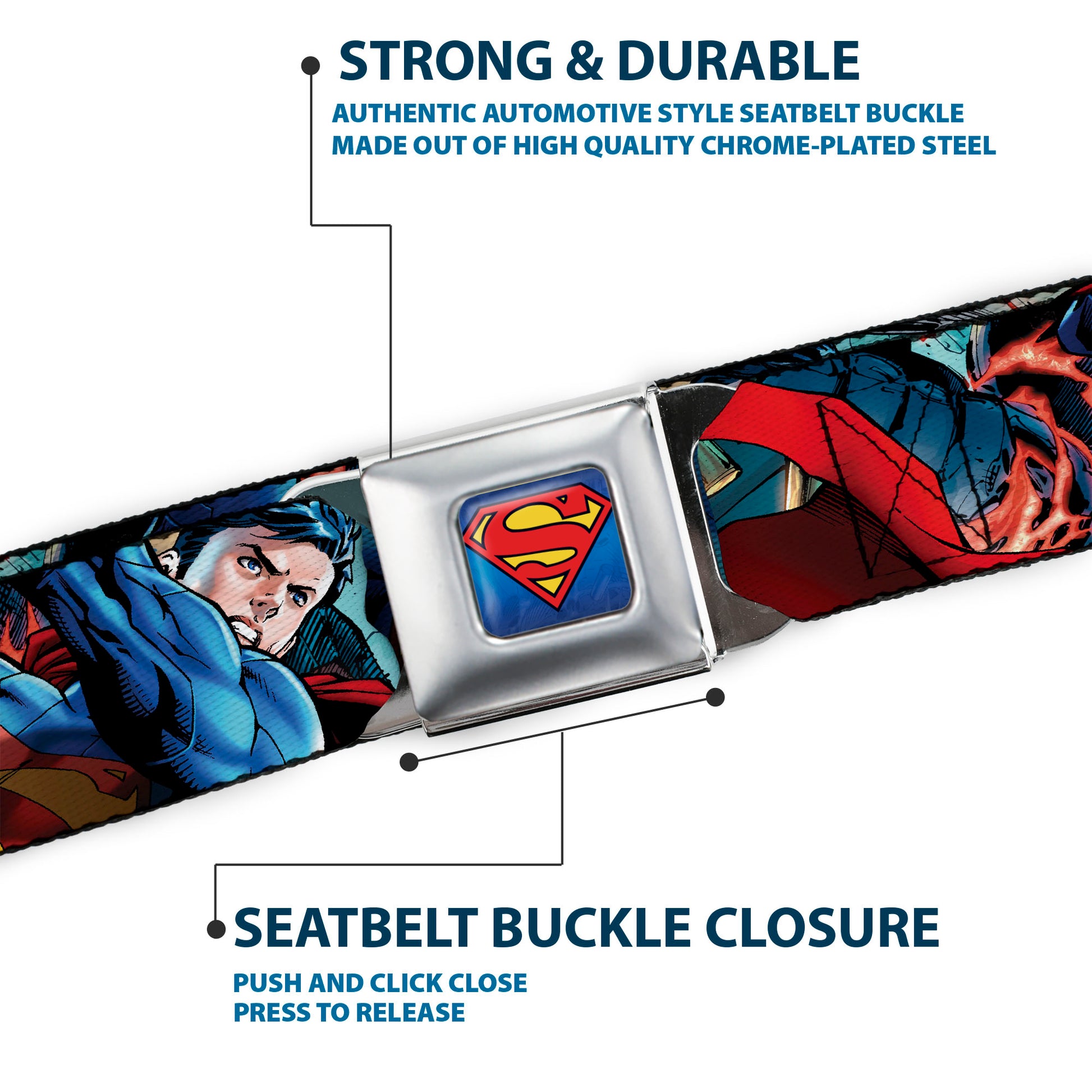 New 52 Superman Shield Explosion Full Color Blues Red Yellow Seatbelt Belt - New 52 Superman 1-Action Pose/Explosion/Bullets CLOSE-UP Light Blue Webbing Seatbelt Belts DC Comics