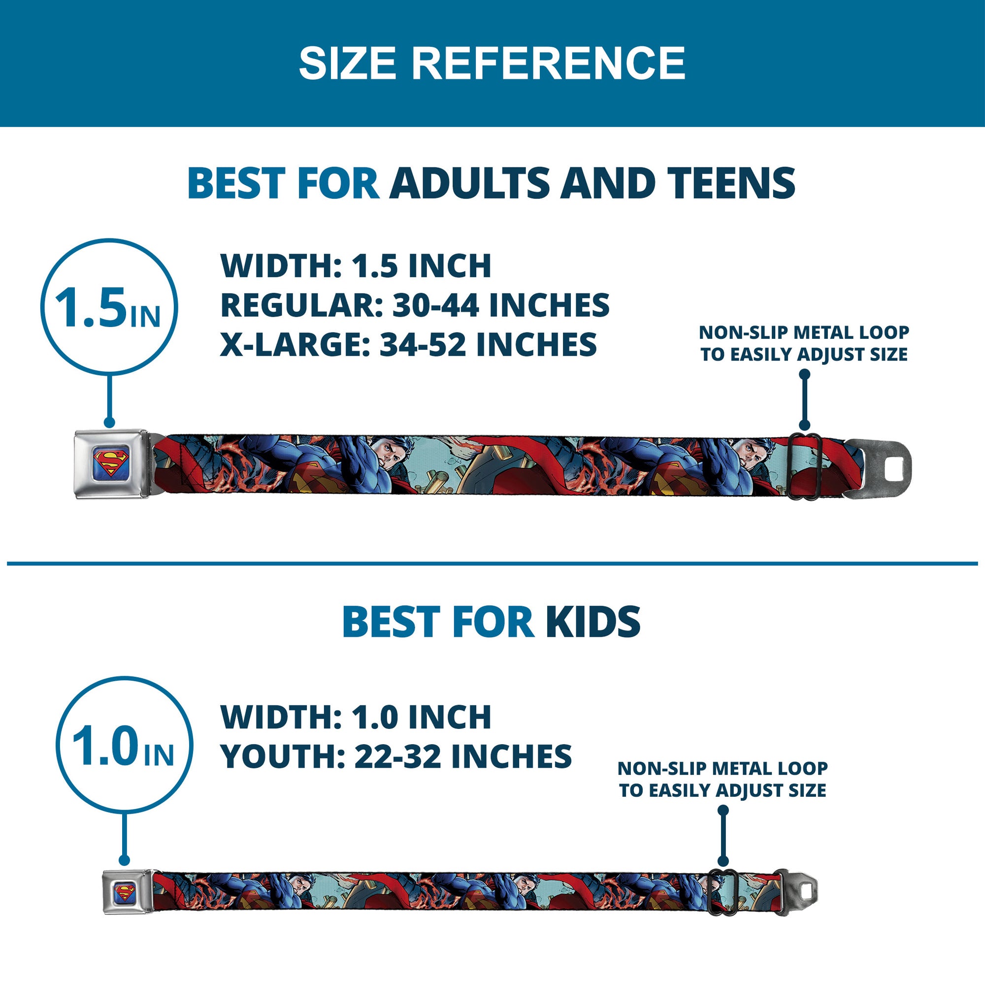 New 52 Superman Shield Explosion Full Color Blues Red Yellow Seatbelt Belt - New 52 Superman 1-Action Pose/Explosion/Bullets CLOSE-UP Light Blue Webbing Seatbelt Belts DC Comics