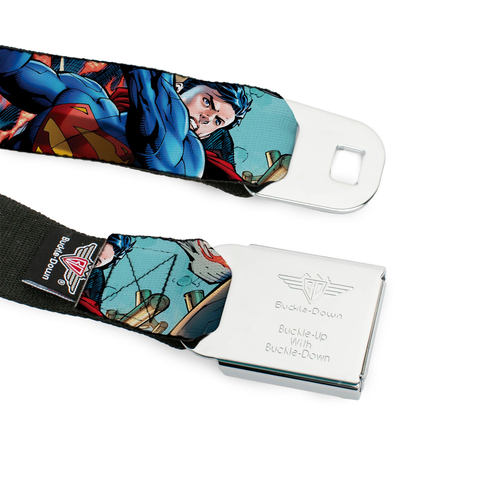 New 52 Superman Shield Explosion Full Color Blues Red Yellow Seatbelt Belt - New 52 Superman 1-Action Pose/Explosion/Bullets CLOSE-UP Light Blue Webbing Seatbelt Belts DC Comics