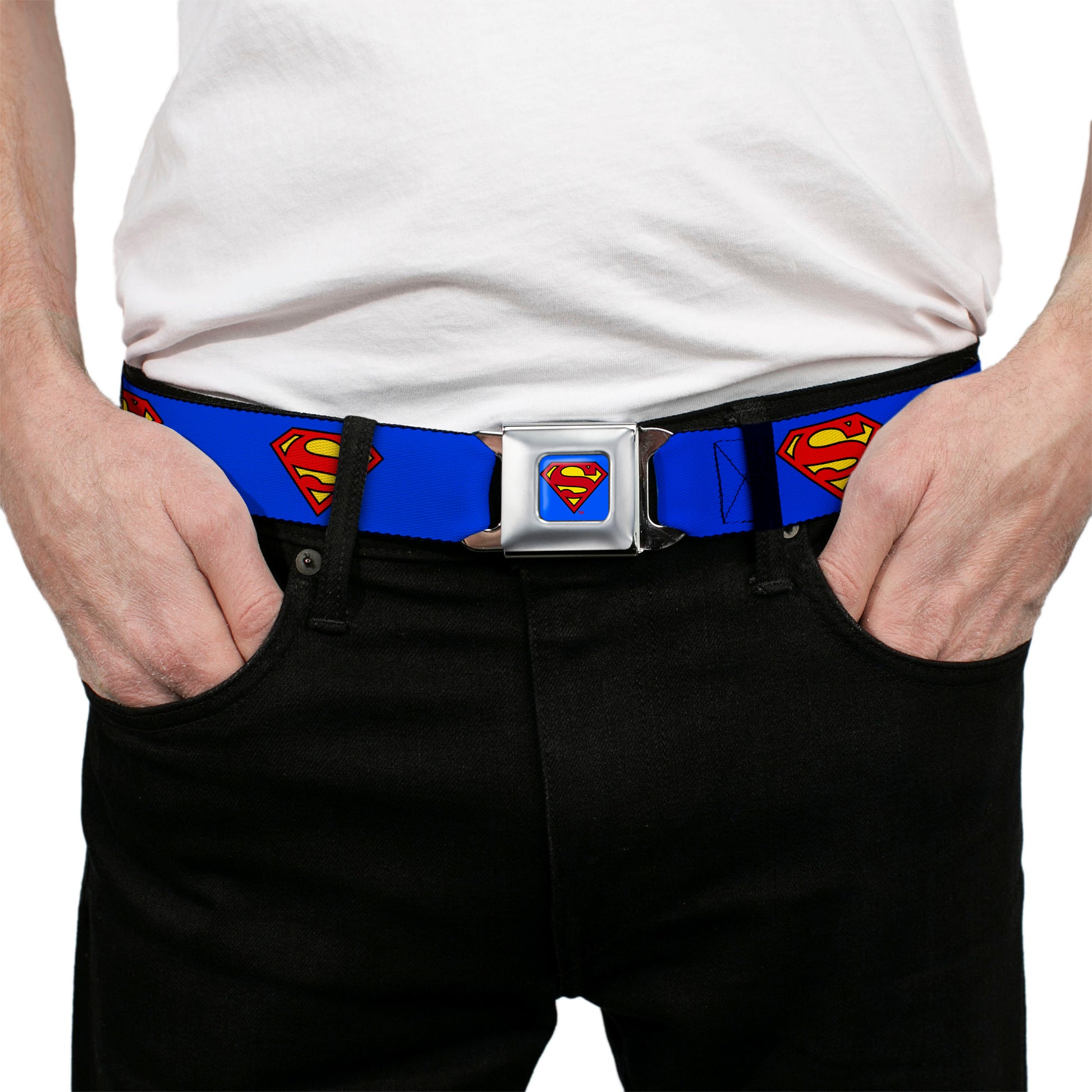 Superman Full Color Blue Seatbelt Belt - Superman Shield Blue Webbing Seatbelt Belts DC Comics