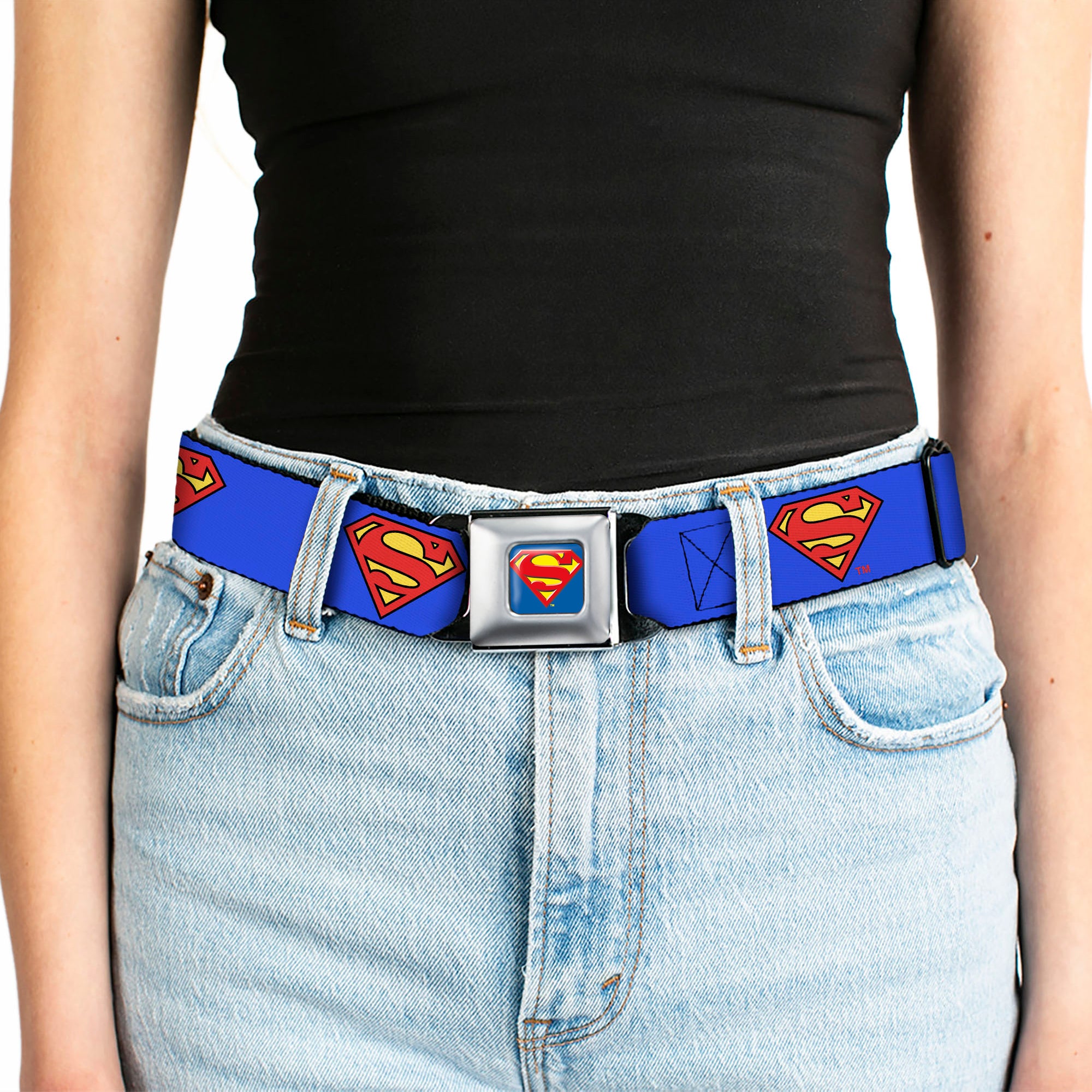Superman Full Color Blue Seatbelt Belt - Superman Shield Blue Webbing Seatbelt Belts DC Comics