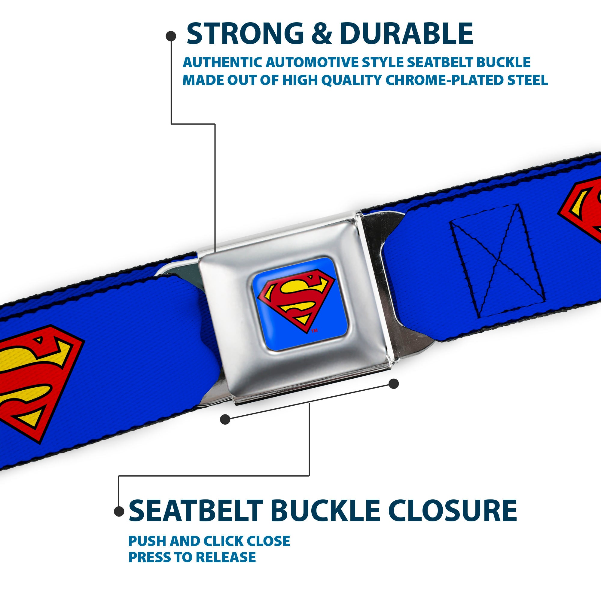 Superman Full Color Blue Seatbelt Belt - Superman Shield Blue Webbing Seatbelt Belts DC Comics
