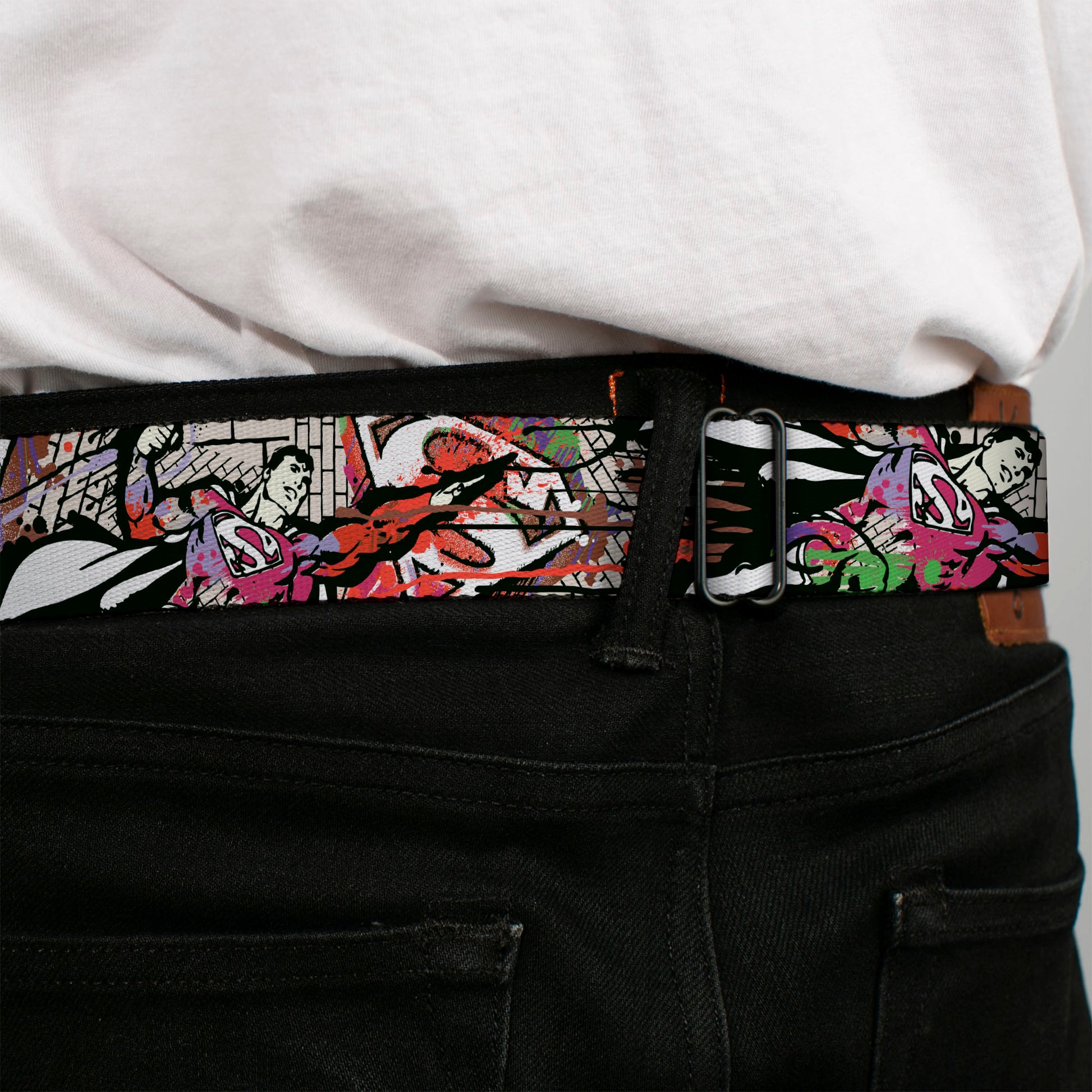 Superman Full Color Blue Seatbelt Belt - Superman Color Flying Bricks Scene Webbing Seatbelt Belts DC Comics