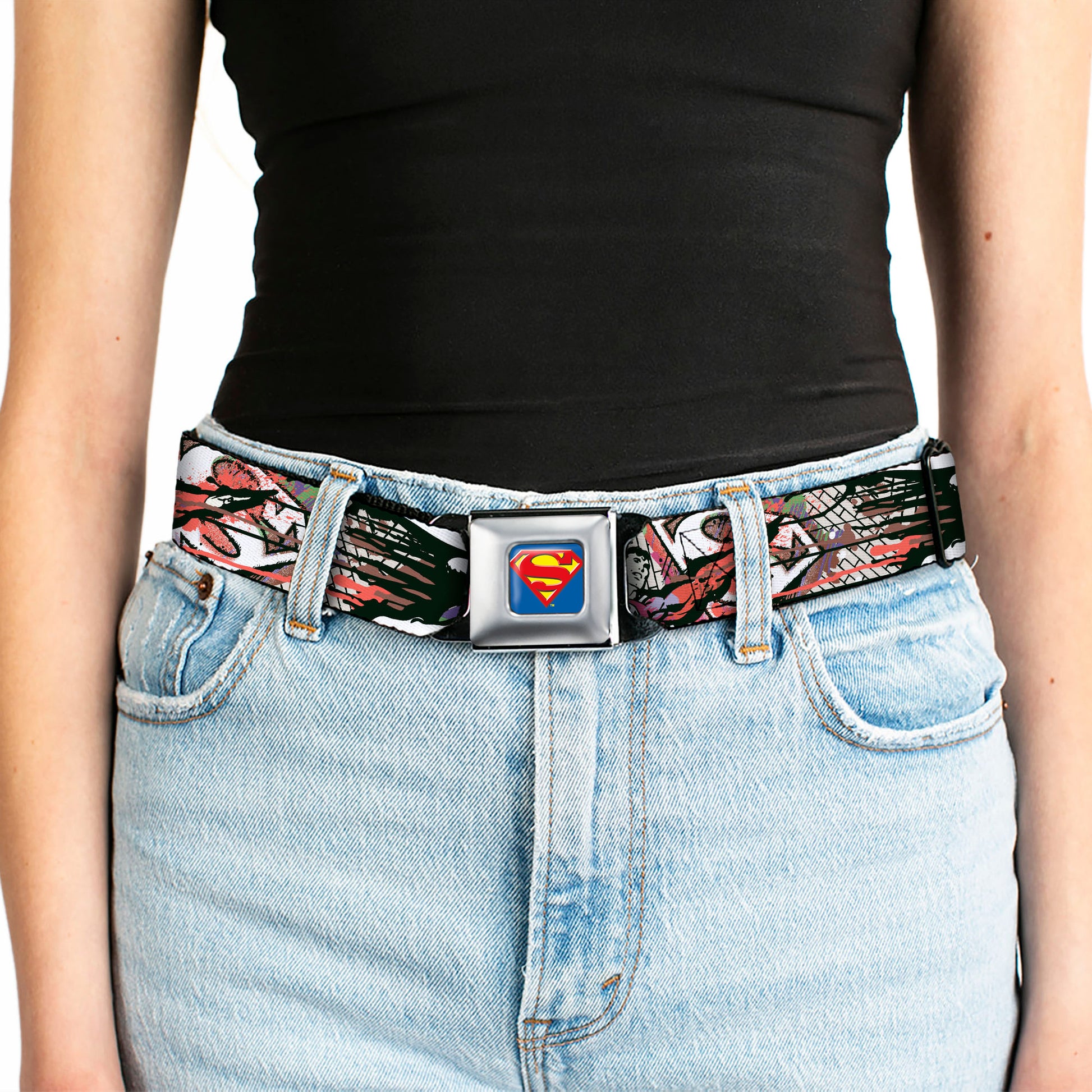 Superman Full Color Blue Seatbelt Belt - Superman Color Flying Bricks Scene Webbing Seatbelt Belts DC Comics