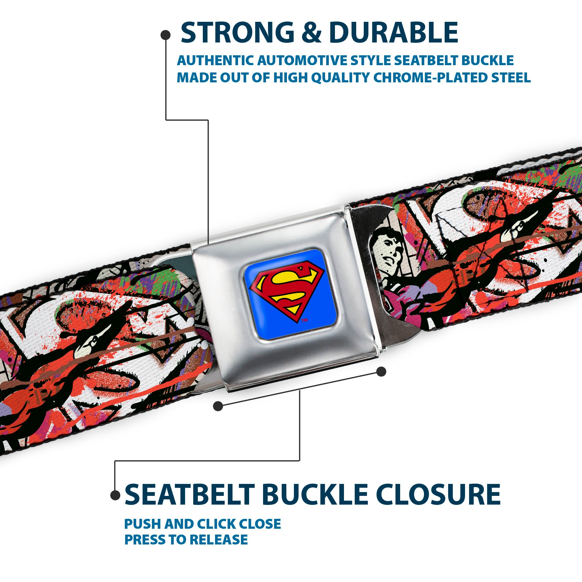 Superman Full Color Blue Seatbelt Belt - Superman Color Flying Bricks Scene Webbing Seatbelt Belts DC Comics