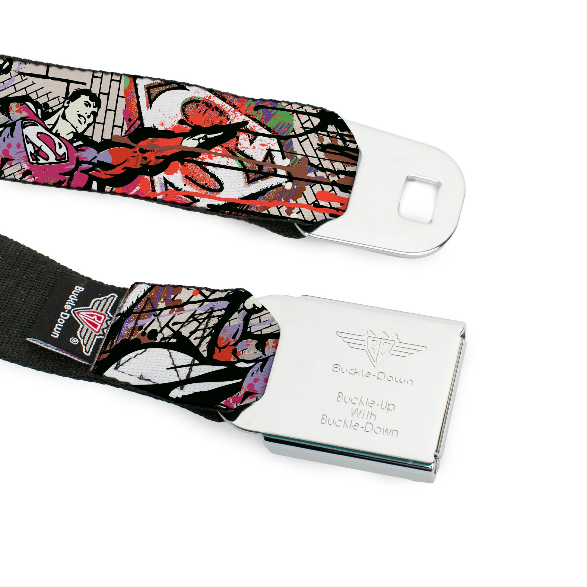 Superman Full Color Blue Seatbelt Belt - Superman Color Flying Bricks Scene Webbing Seatbelt Belts DC Comics