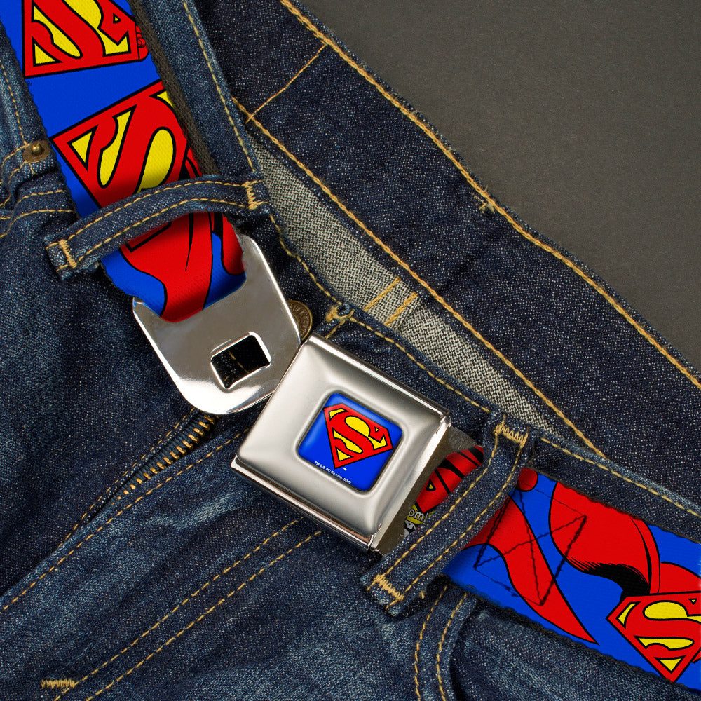 Superman Full Color Blue Seatbelt Belt - Superman Shield w/Cape Webbing Seatbelt Belts DC Comics