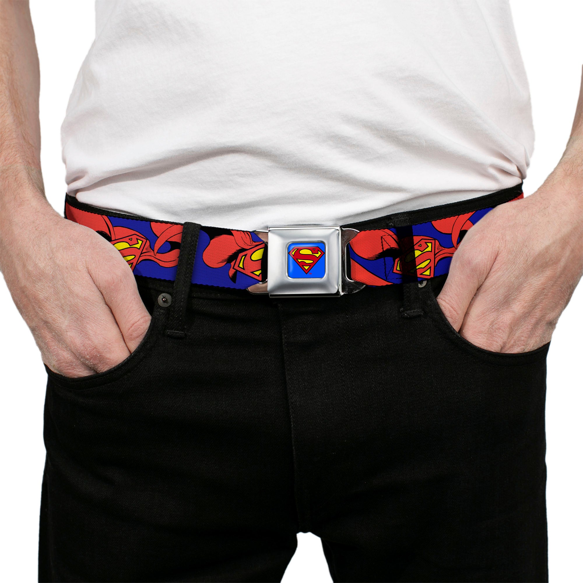 Superman Full Color Blue Seatbelt Belt - Superman Shield w/Cape Webbing Seatbelt Belts DC Comics