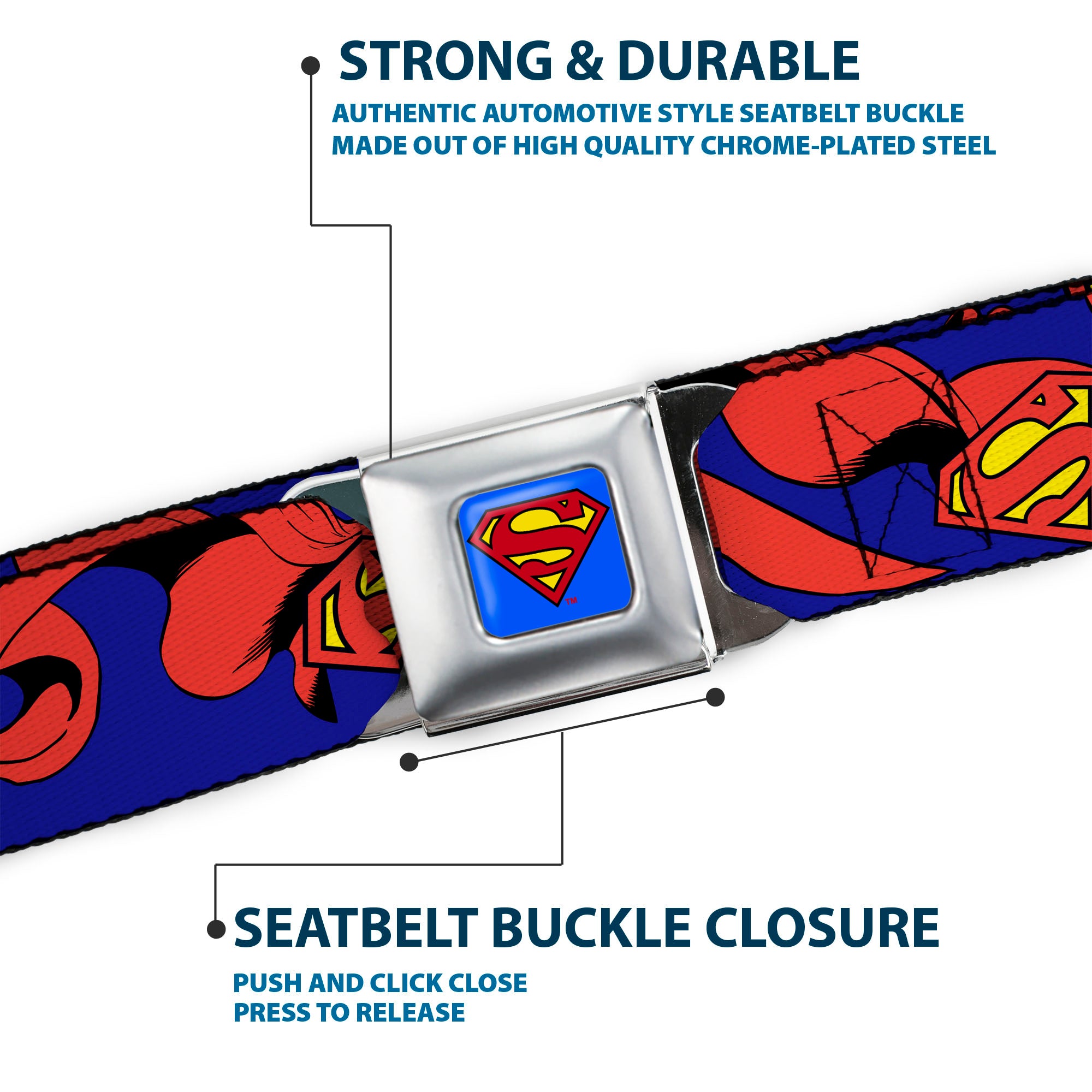 Superman Full Color Blue Seatbelt Belt - Superman Shield w/Cape Webbing Seatbelt Belts DC Comics