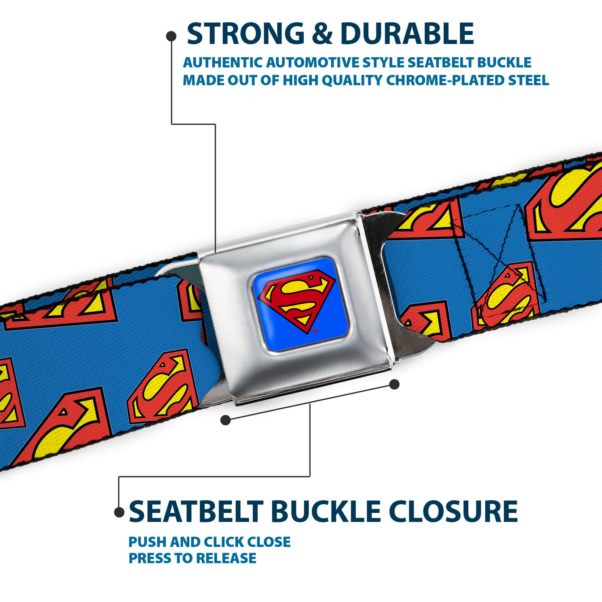 Superman Full Color Blue Seatbelt Belt - Super Shield Diagonal Royal Blue/Red Webbing Seatbelt Belts DC Comics
