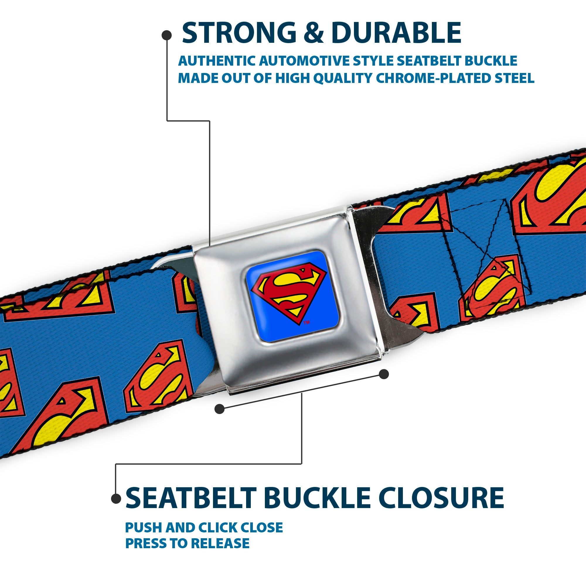 Superman Full Color Blue Seatbelt Belt - Super Shield Diagonal Royal Blue/Red Webbing Seatbelt Belts DC Comics